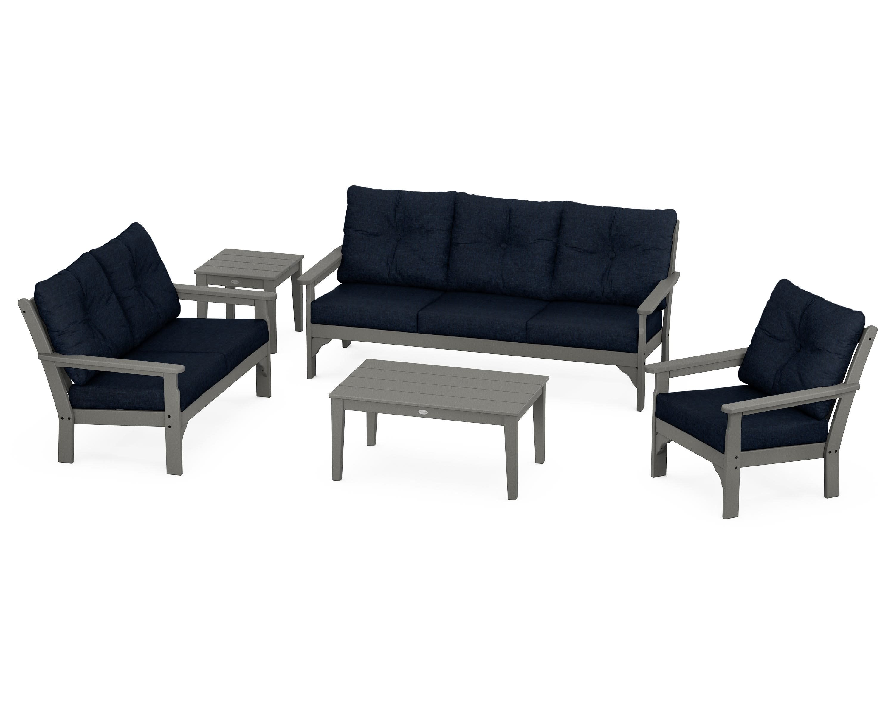 Vineyard 5 Piece Deep Seating Set in Slate Grey / Marine Indigo