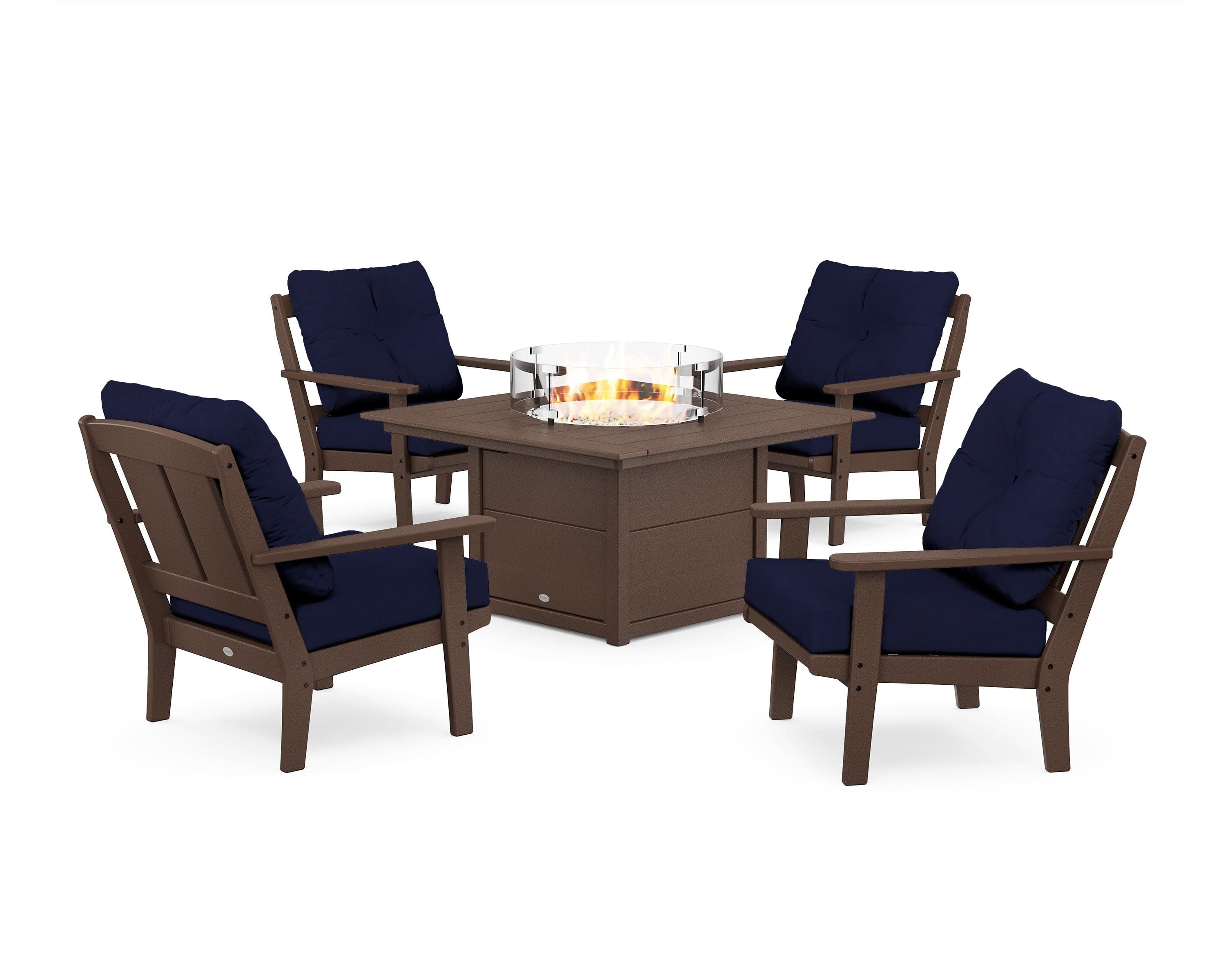 Mission 5-Piece Deep Seating Set with Fire Pit Table in Mahogany / Navy