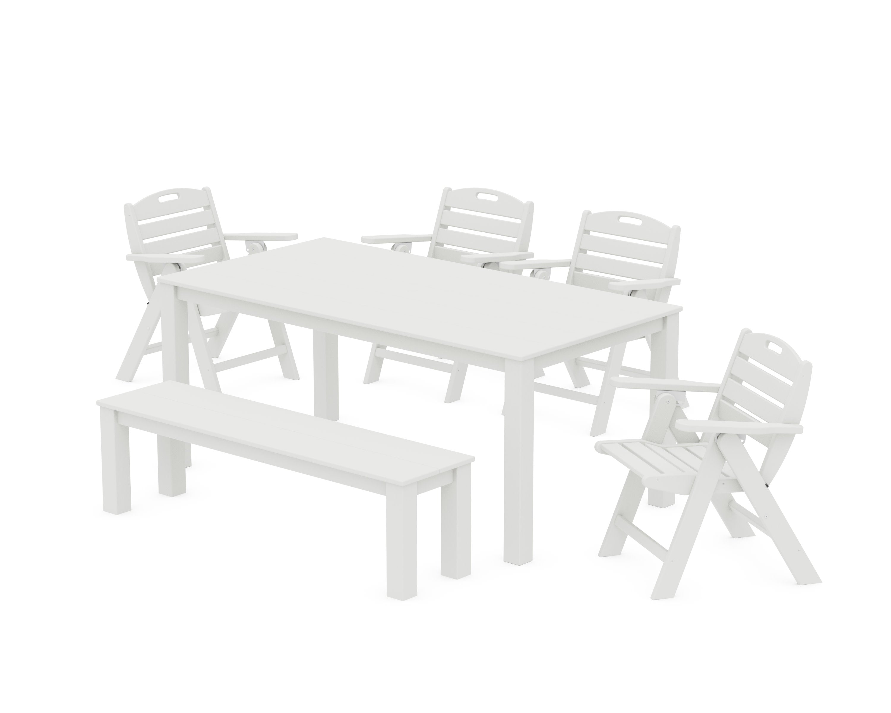 Nautical Folding Lowback Chair 6-Piece Parsons Dining Set with Bench in Vintage White