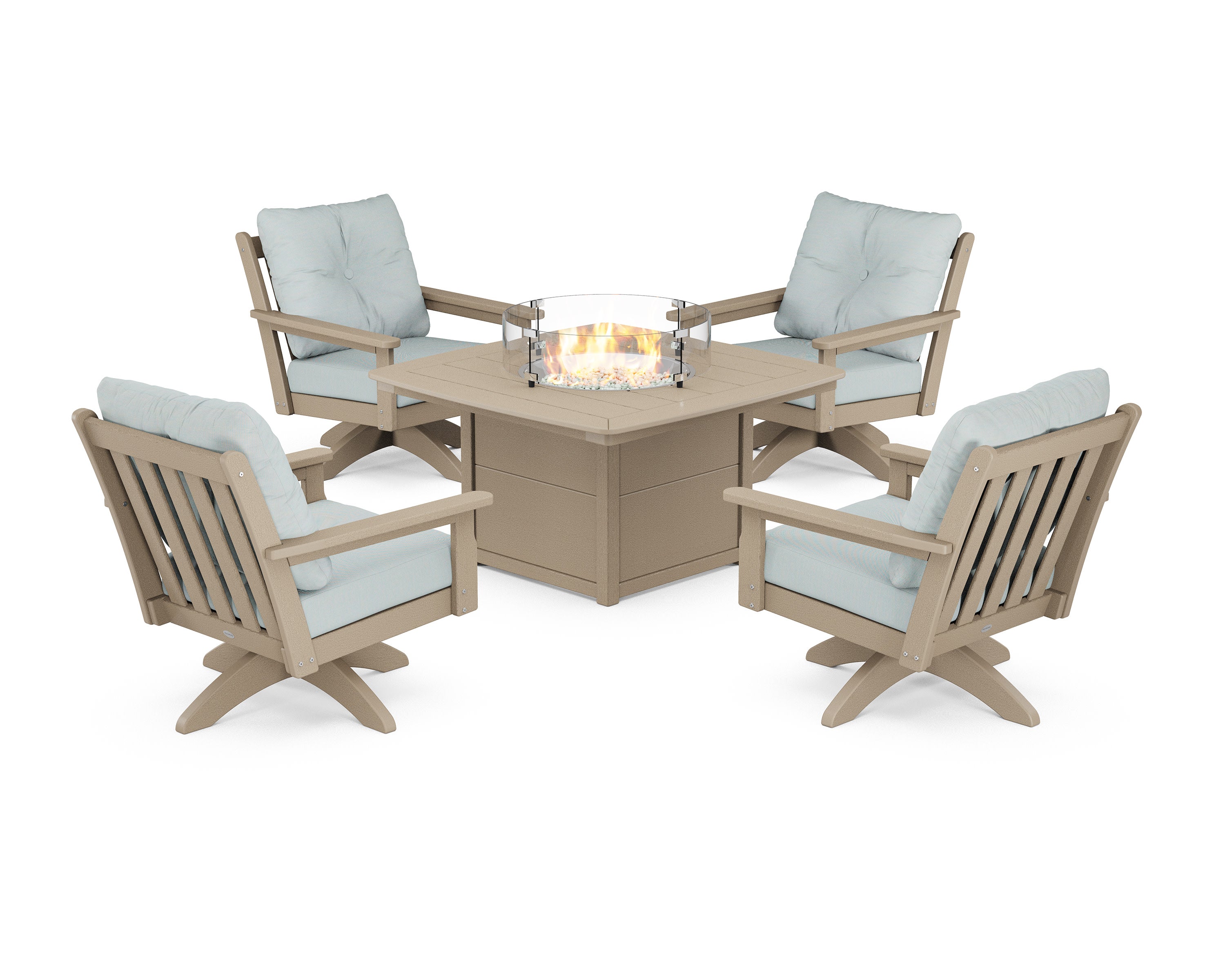 Vineyard 5-Piece Deep Seating Swivel Conversation Set with Fire Pit Table in Vintage Sahara / Spa