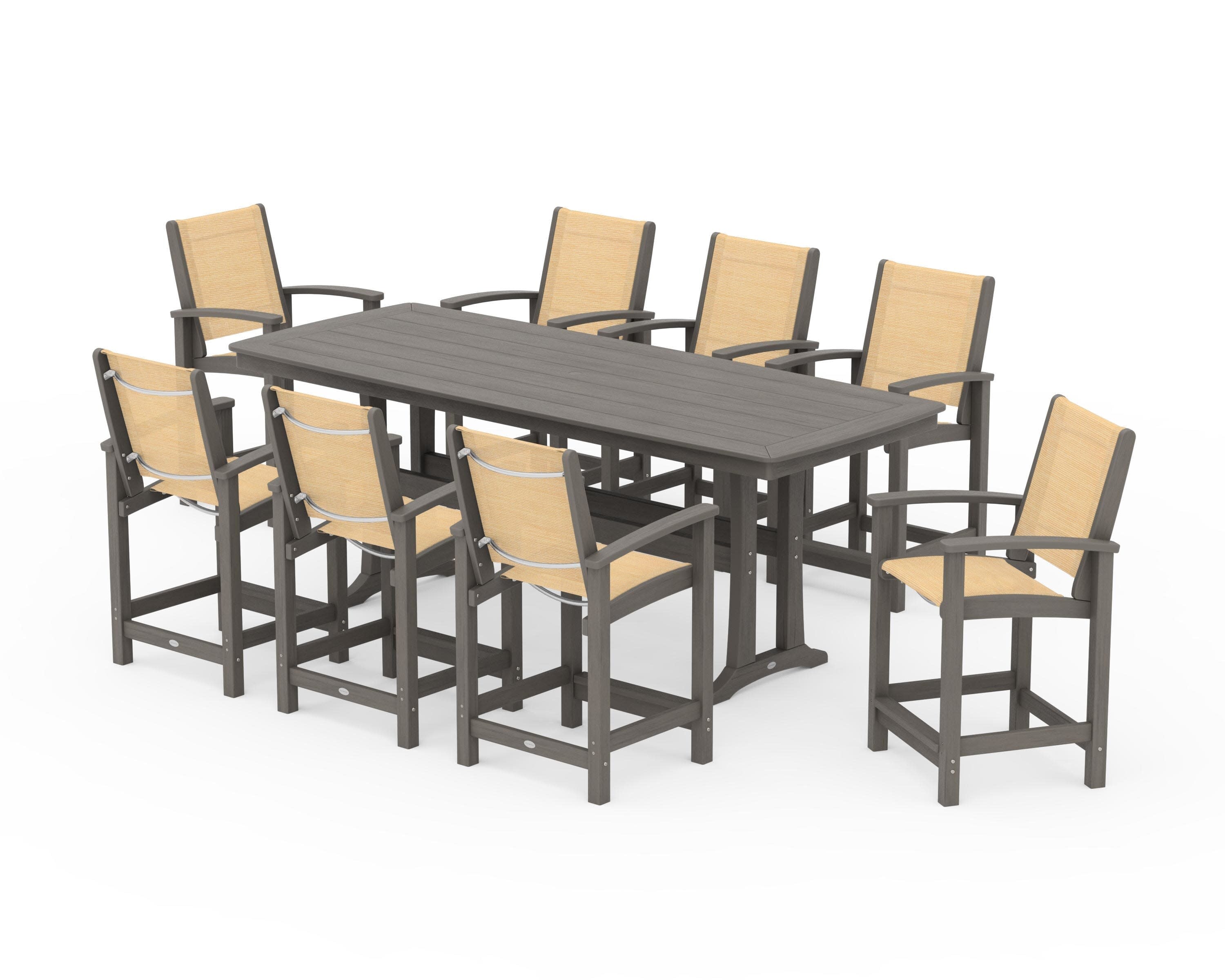 Coastal 9-Piece Counter Set with Trestle Legs in Driftwood / Dupioni Apricot Sling