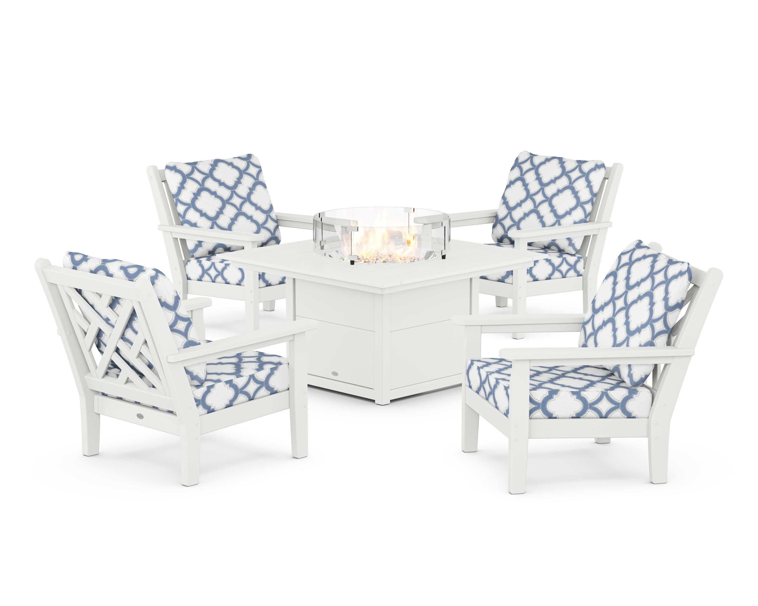 Chippendale 5-Piece Deep Seating Set with Fire Pit Table in White / Trellis Sky Blue