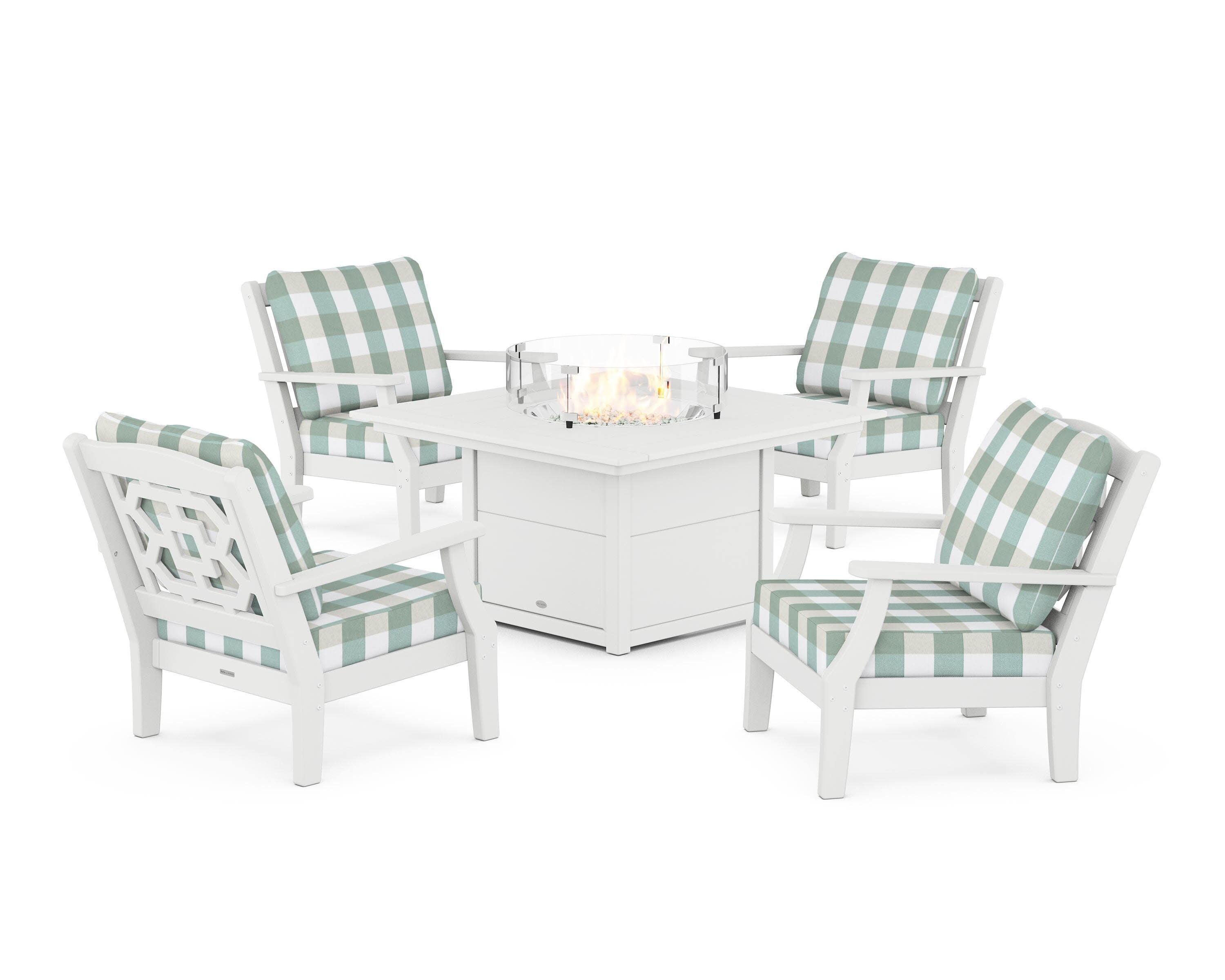Chinoiserie 5-Piece Deep Seating Set with Fire Pit Table in White / Buffalo Plaid Glacier Spa