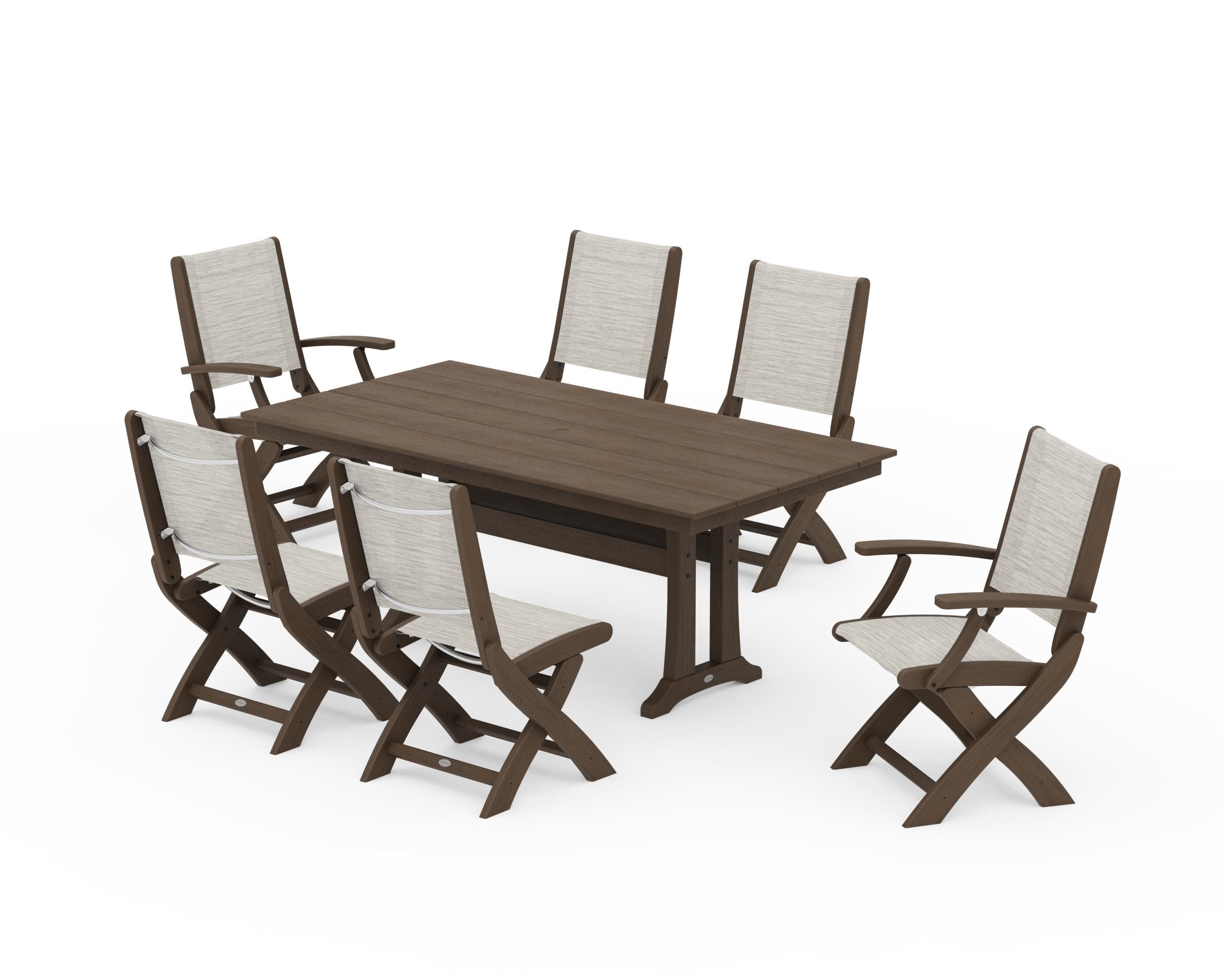 Coastal Folding Chair 7-Piece Farmhouse Dining Set with Trestle Legs in Kona / Birch Sling