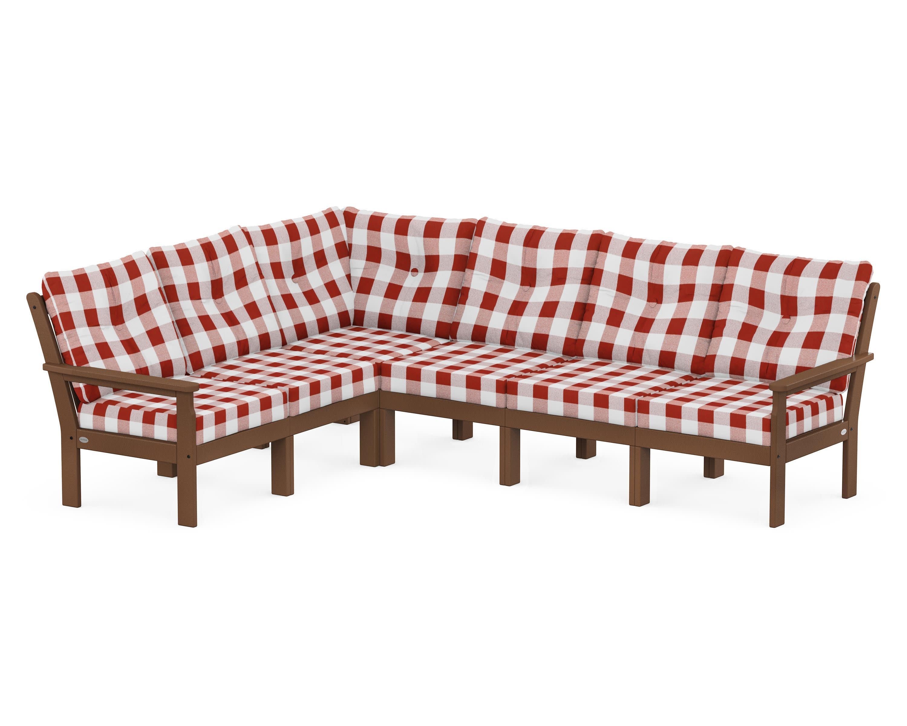 Vineyard 6-Piece Sectional in Teak / Buffalo Plaid Crimson