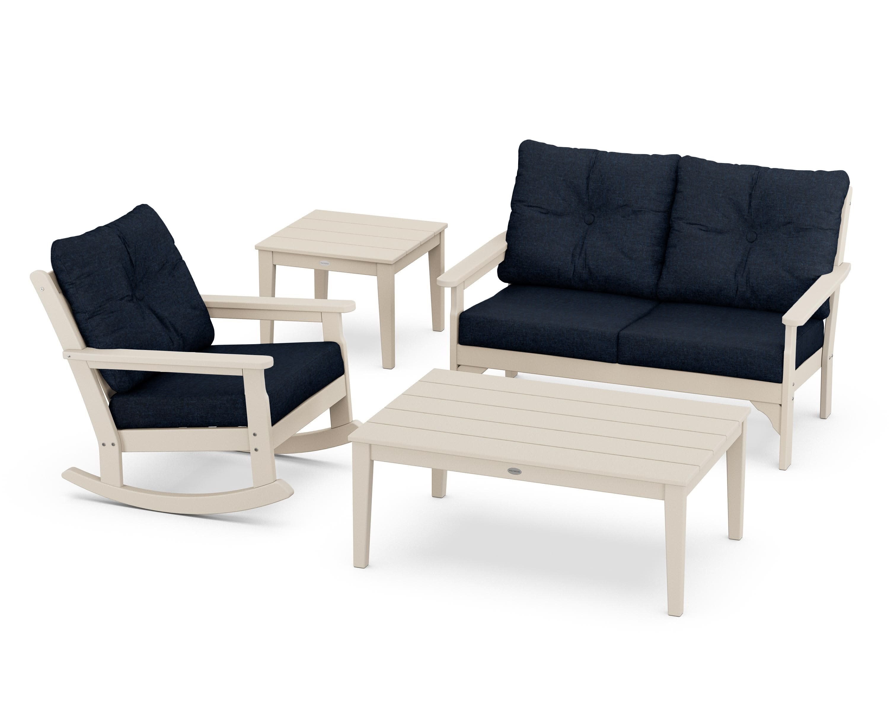 Vineyard 4-Piece Deep Seating Rocker Set in Sand / Marine Indigo