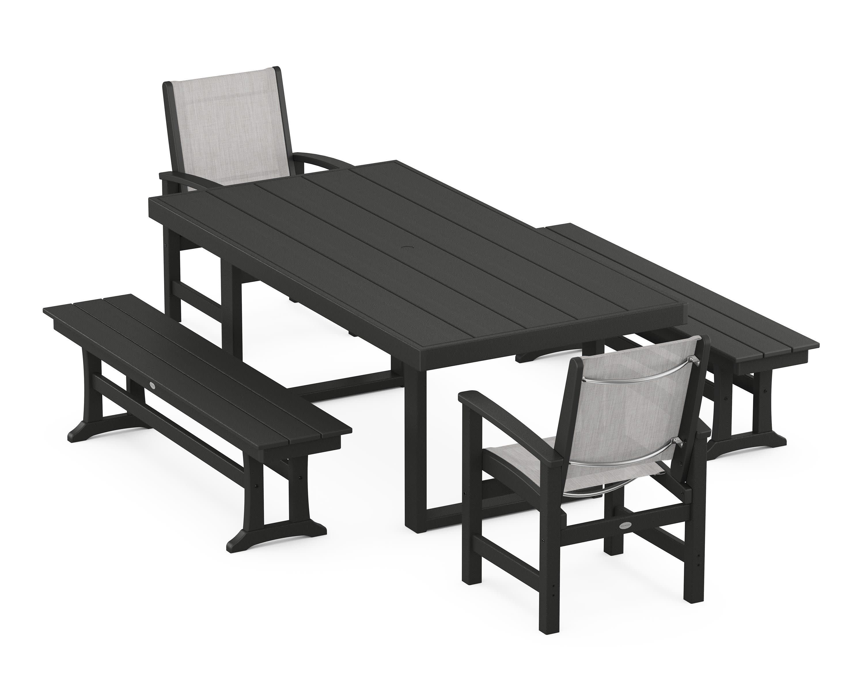 Coastal 5-Piece Dining Set with Trestle Legs in Black / Parchment Sling