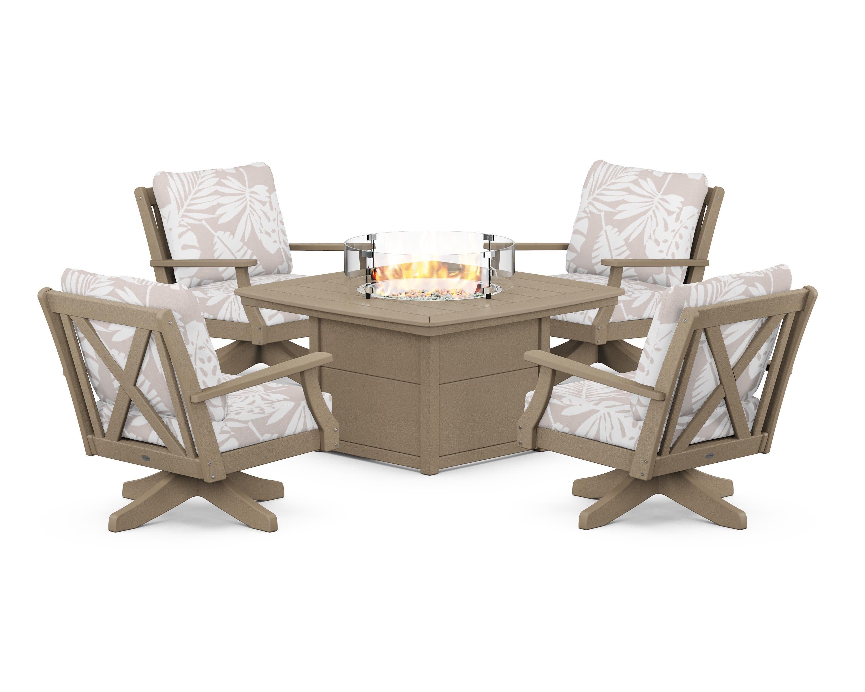 Braxton 5-Piece Deep Seating Swivel Conversation Set with Fire Pit Table in Vintage Sahara / Leaf Dune Burlap