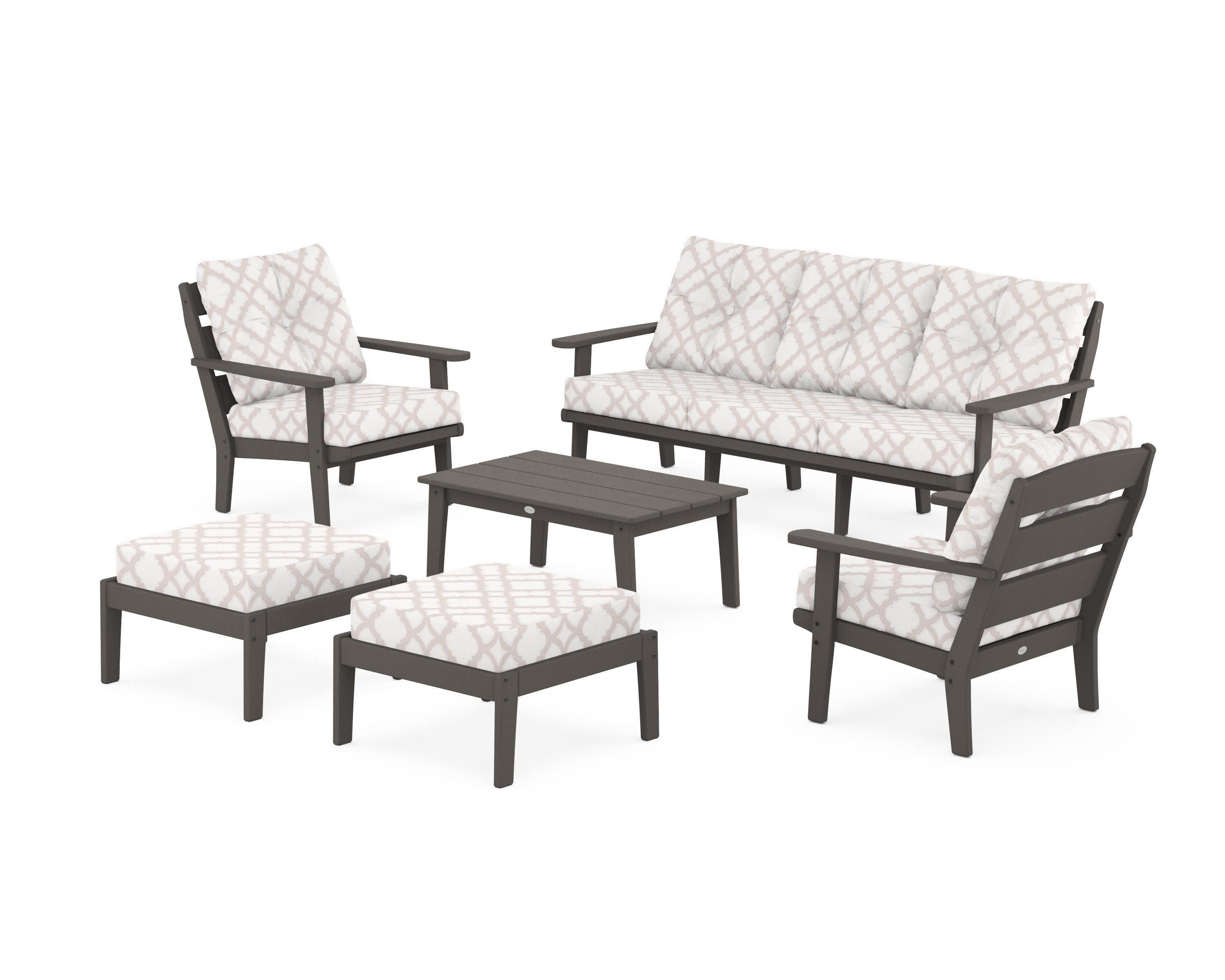 Lakeside 6-Piece Lounge Sofa Set in Vintage Coffee / Trellis Dune Burlap