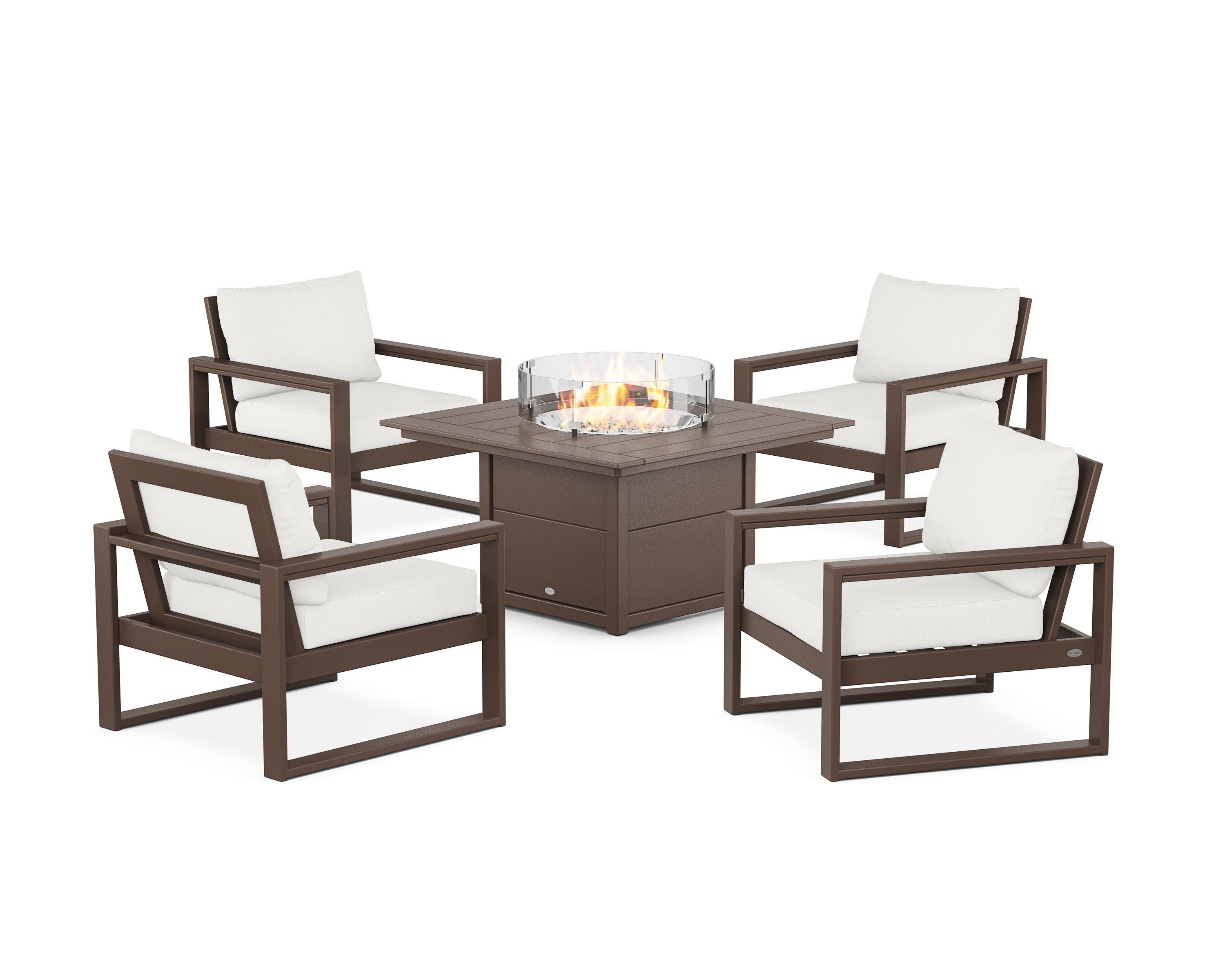 EDGE Sectional 5-Piece Deep Seating Set with Fire Pit Table in Mahogany / Natural Linen