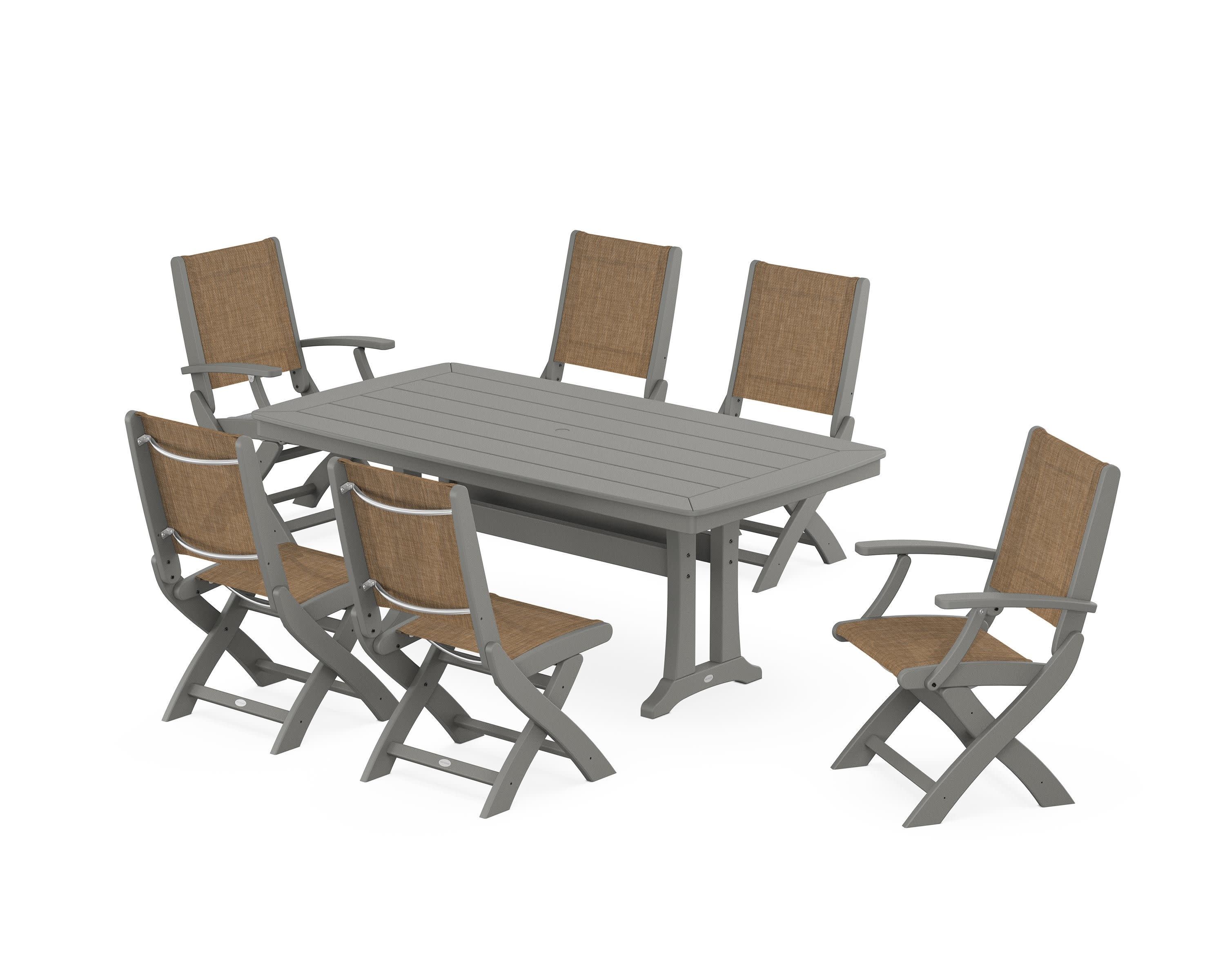 Coastal Folding Chair 7-Piece Dining Set with Trestle Legs in Slate Grey / Burlap Sling