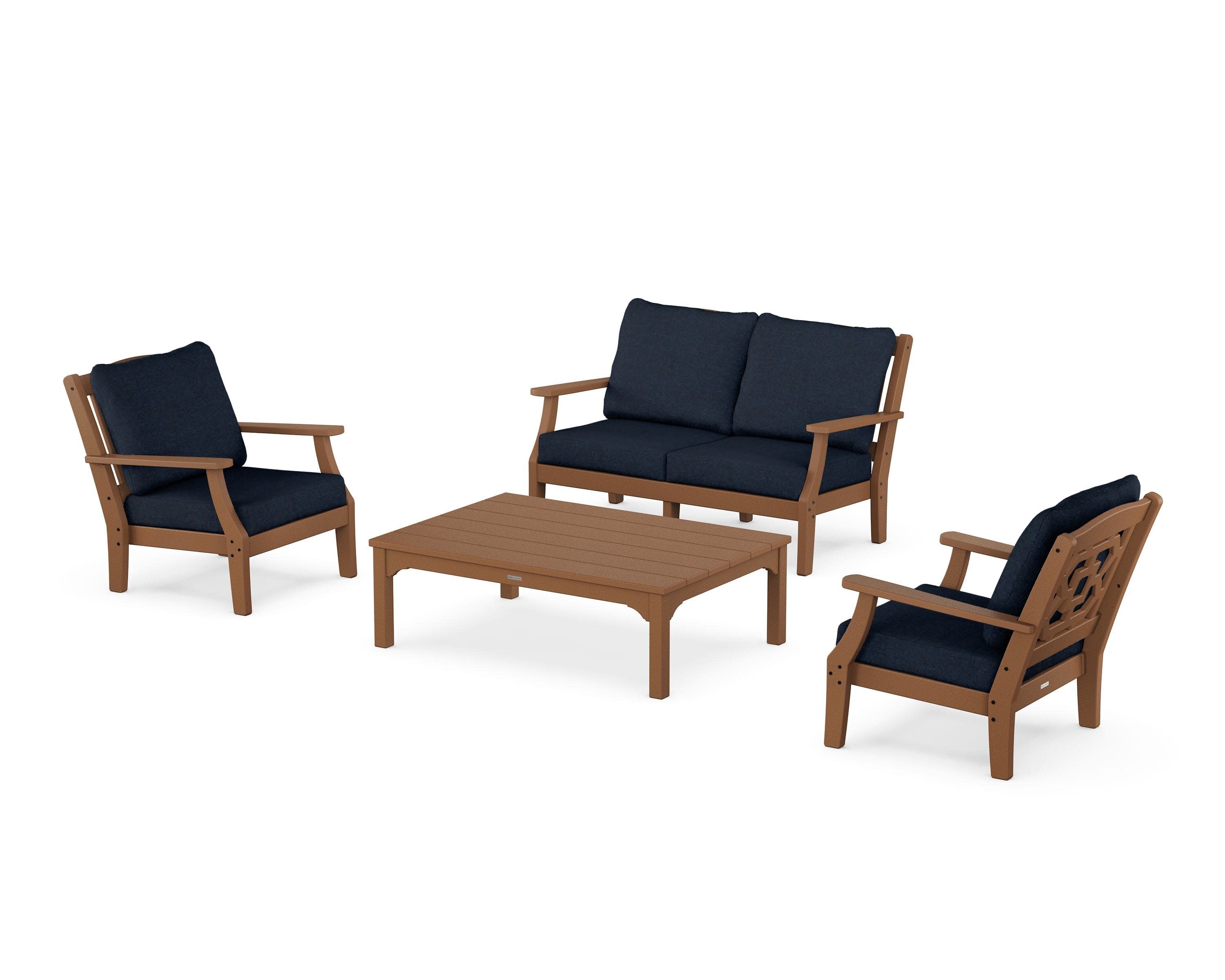 Chinoiserie 4-Piece Deep Seating Set with Loveseat in Teak / Marine Indigo