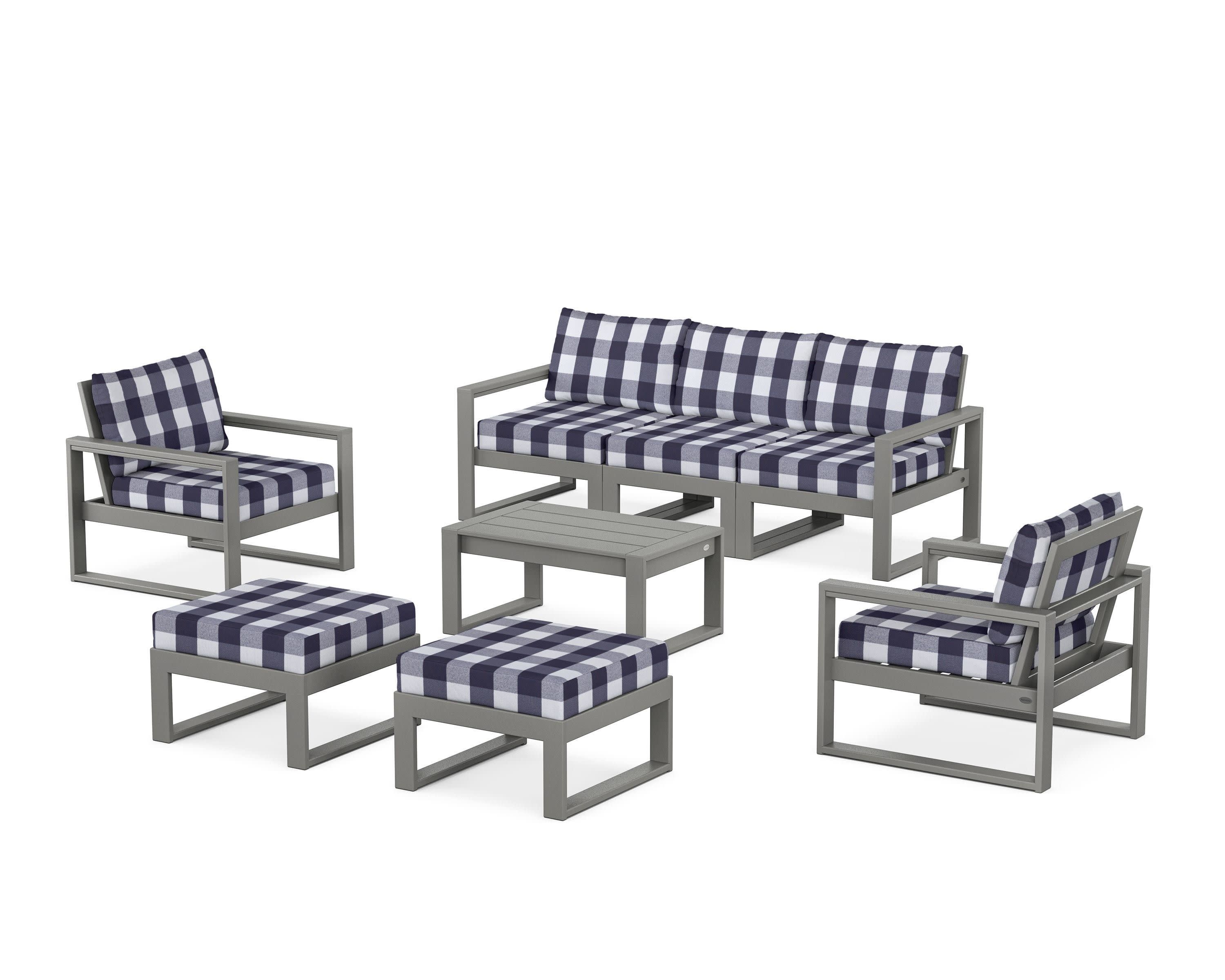 EDGE Sectional 8-Piece Lounge Sofa Set in Slate Grey / Buffalo Plaid Navy