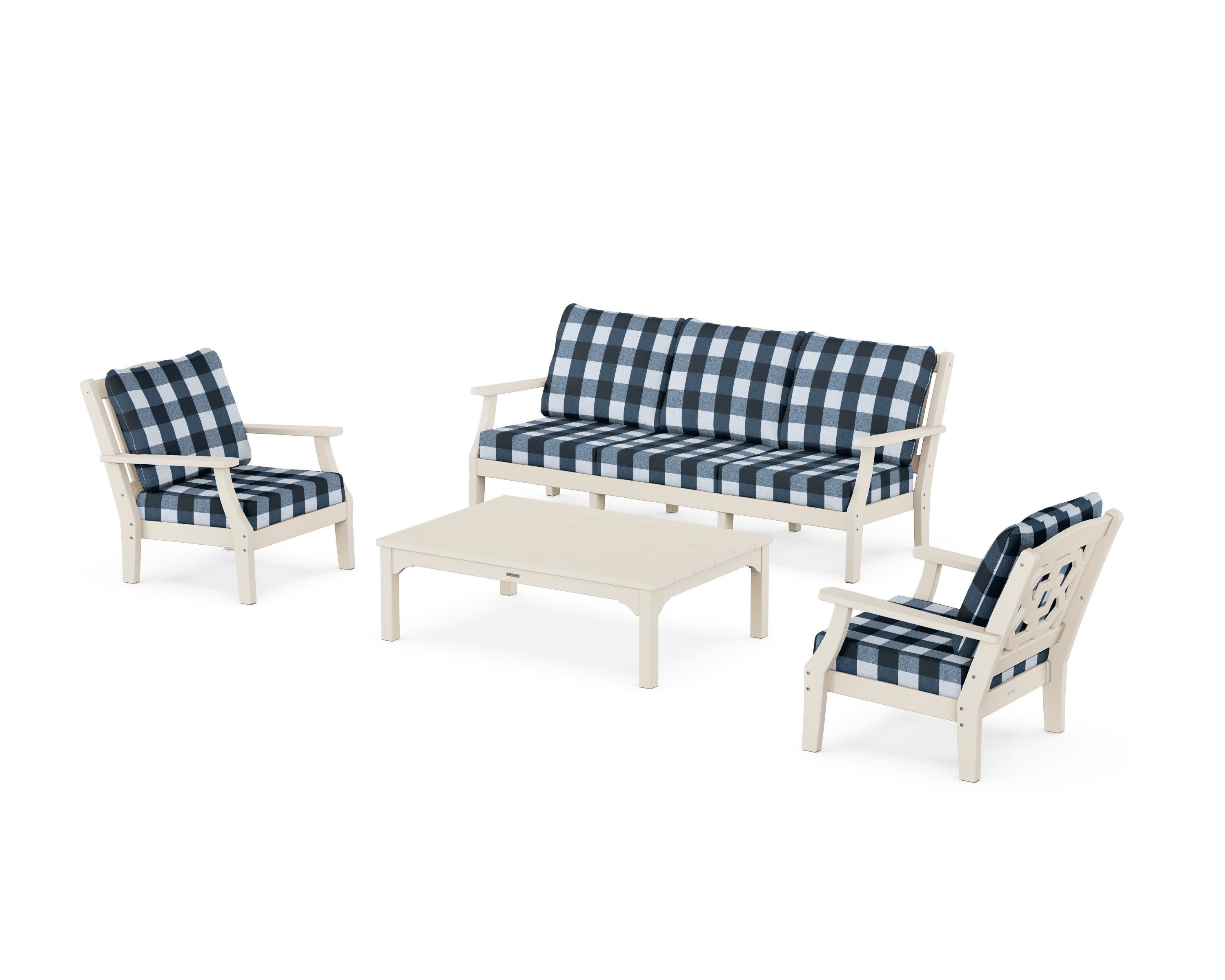 Chinoiserie 4-Piece Deep Seating Set with Sofa in Sand / Buffalo Plaid Marine Indigo