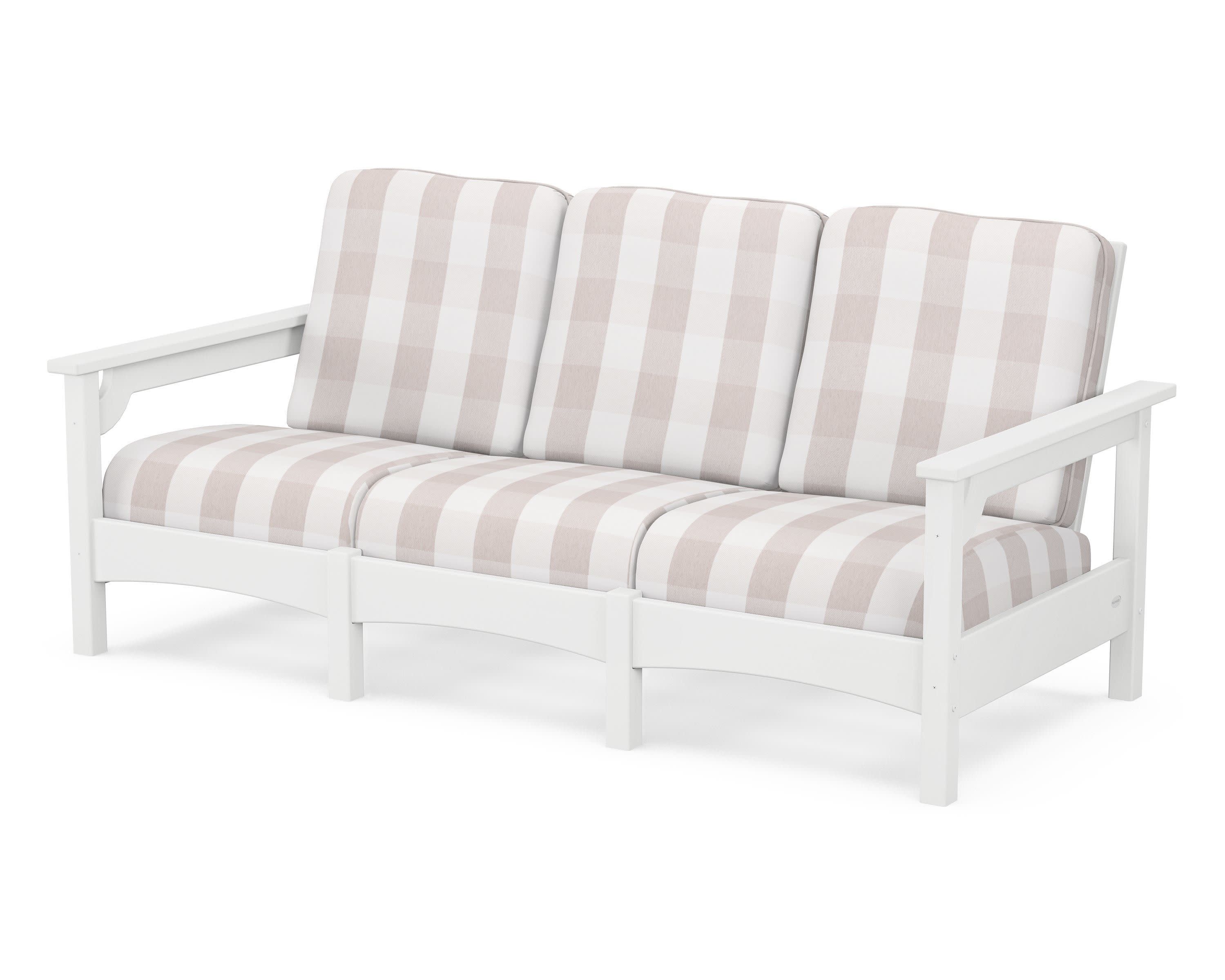 Club Sofa in White / Buffalo Plaid Dune Burlap