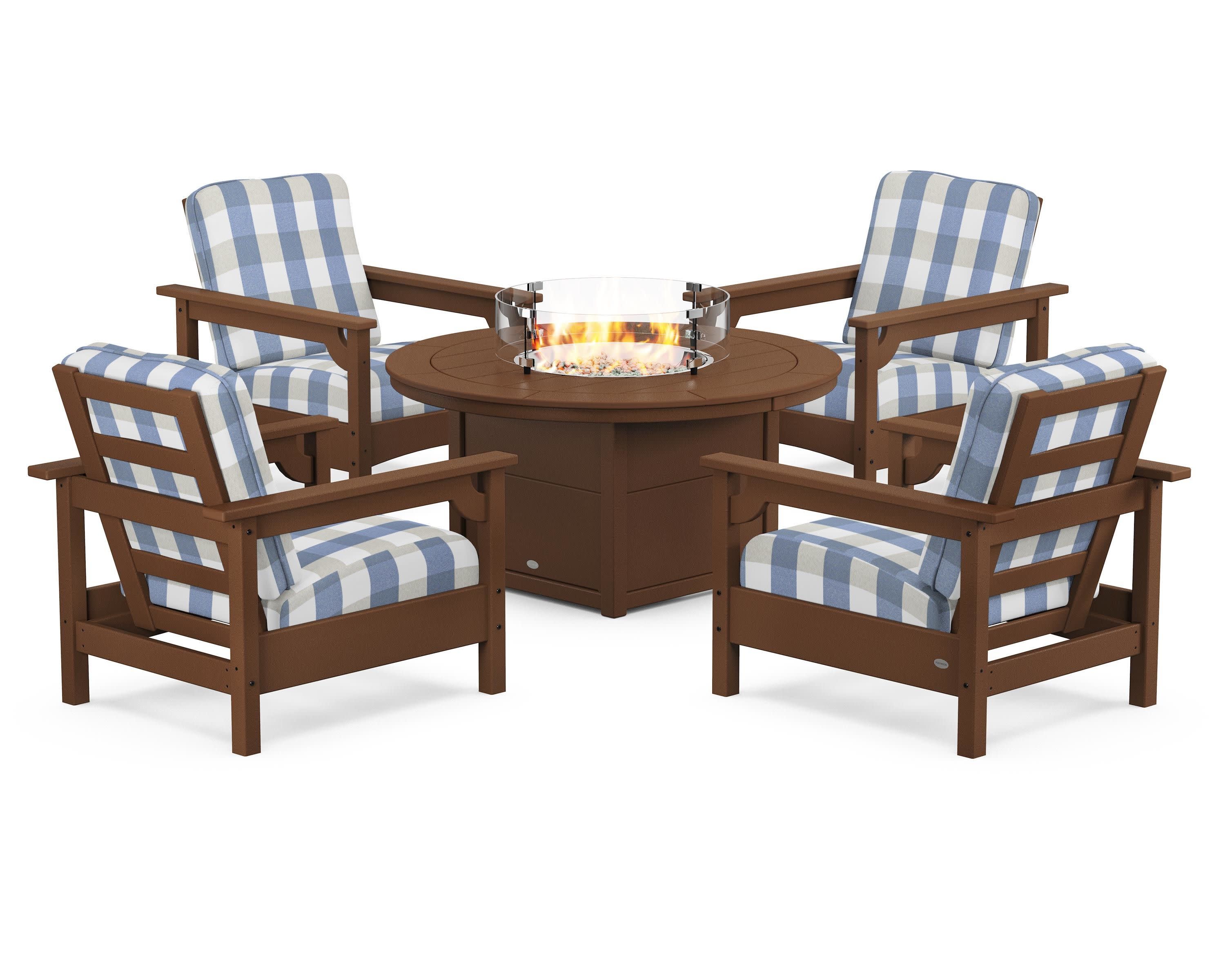 Club 5-Piece Conversation Set with Fire Pit Table in Teak / Buffalo Plaid Sky Blue