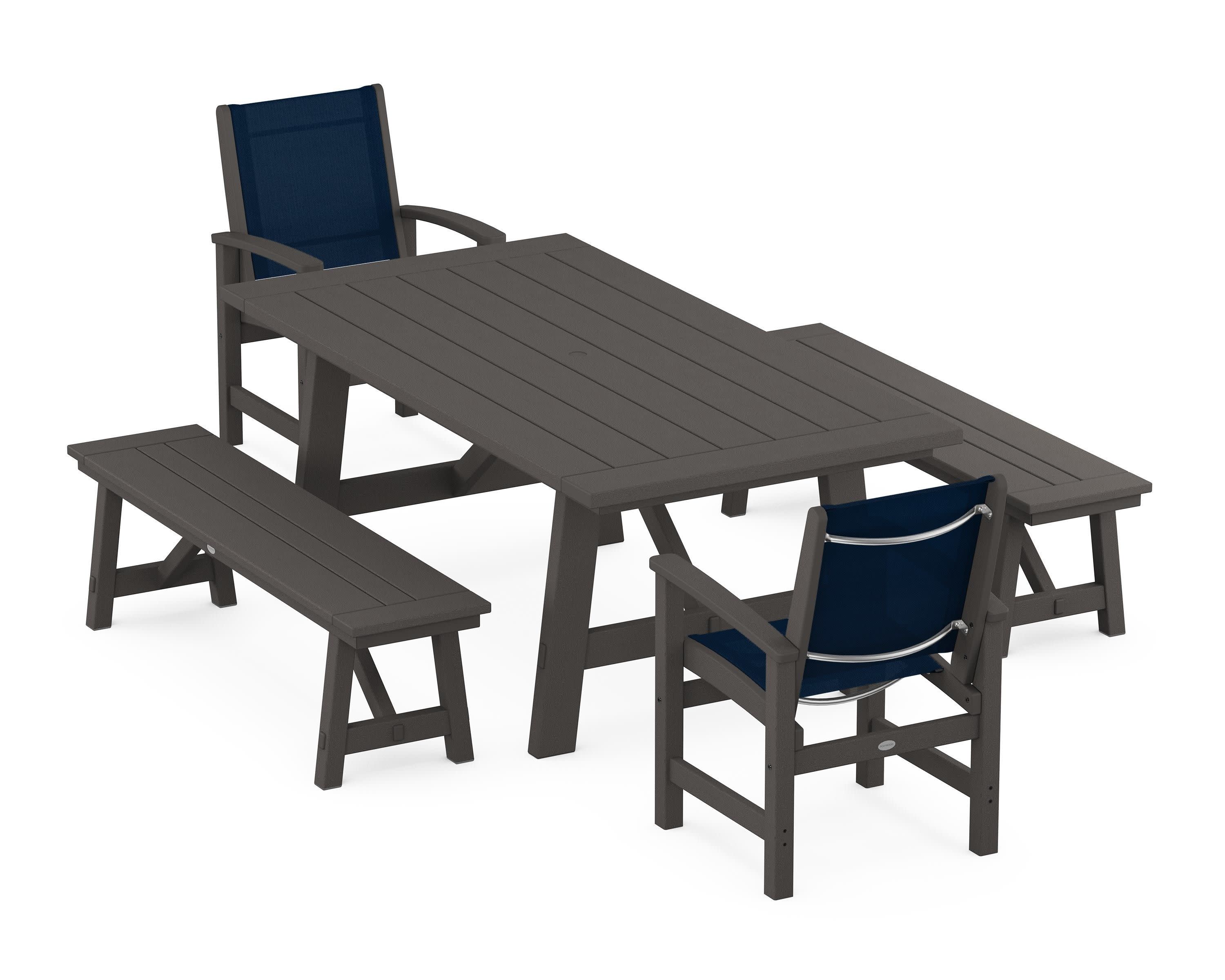 Coastal 5-Piece Rustic Farmhouse Dining Set With Benches in Vintage Coffee / Navy Blue Sling