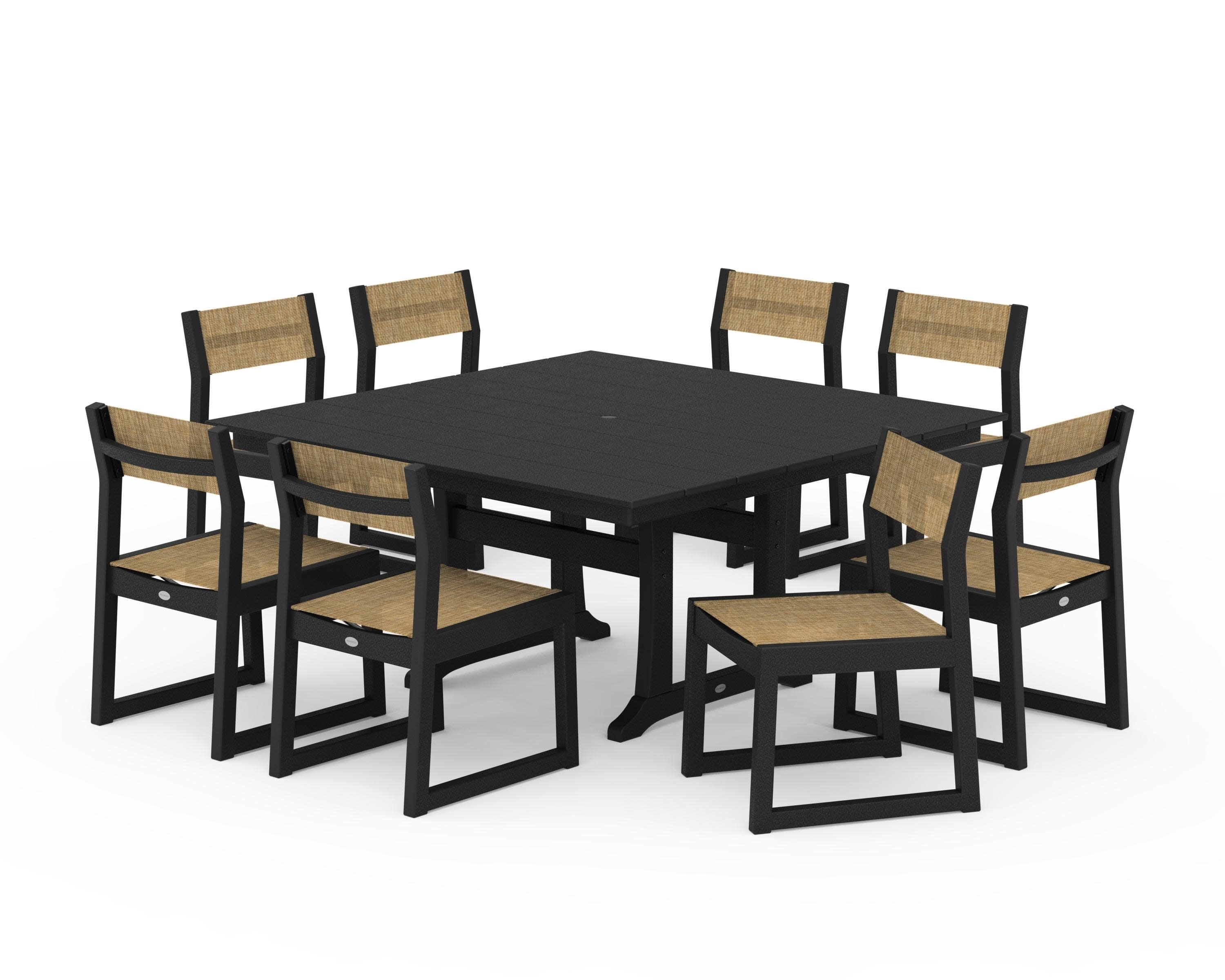 EDGE Sling Side Chair 9-Piece Farmhouse Trestle Dining Set in Black / Burlap Sling