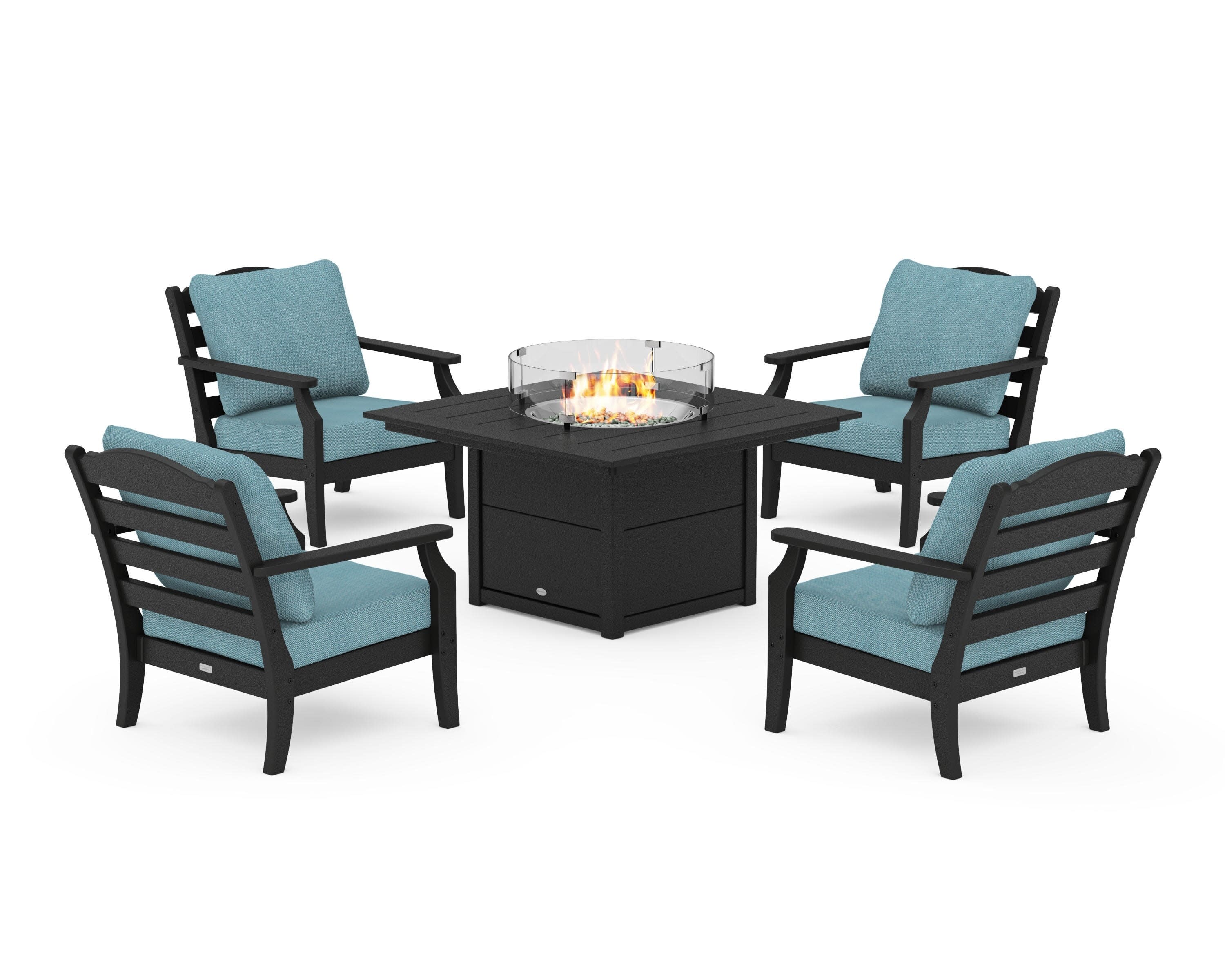 Savannah 5-Piece Deep Seating Set with Fire Pit Table in Black / Lattice Sky Blue