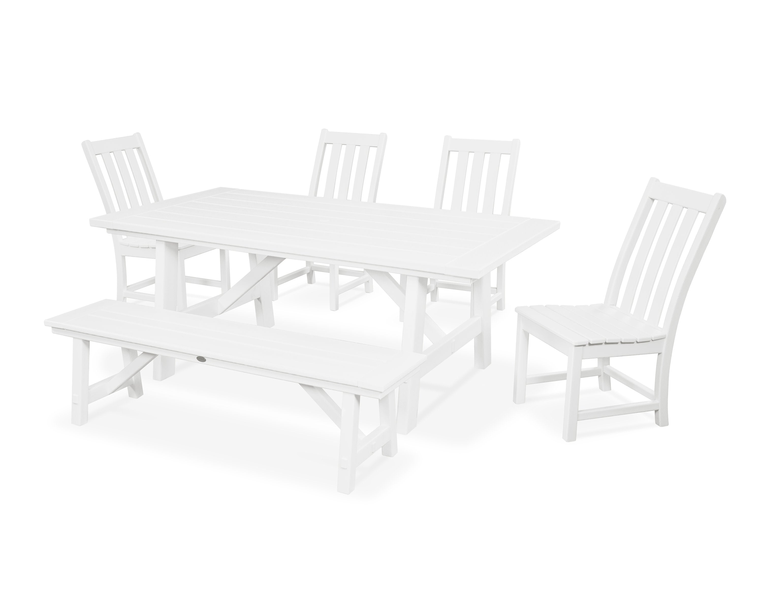 Vineyard 6-Piece Rustic Farmhouse Side Chair Dining Set with Bench in White