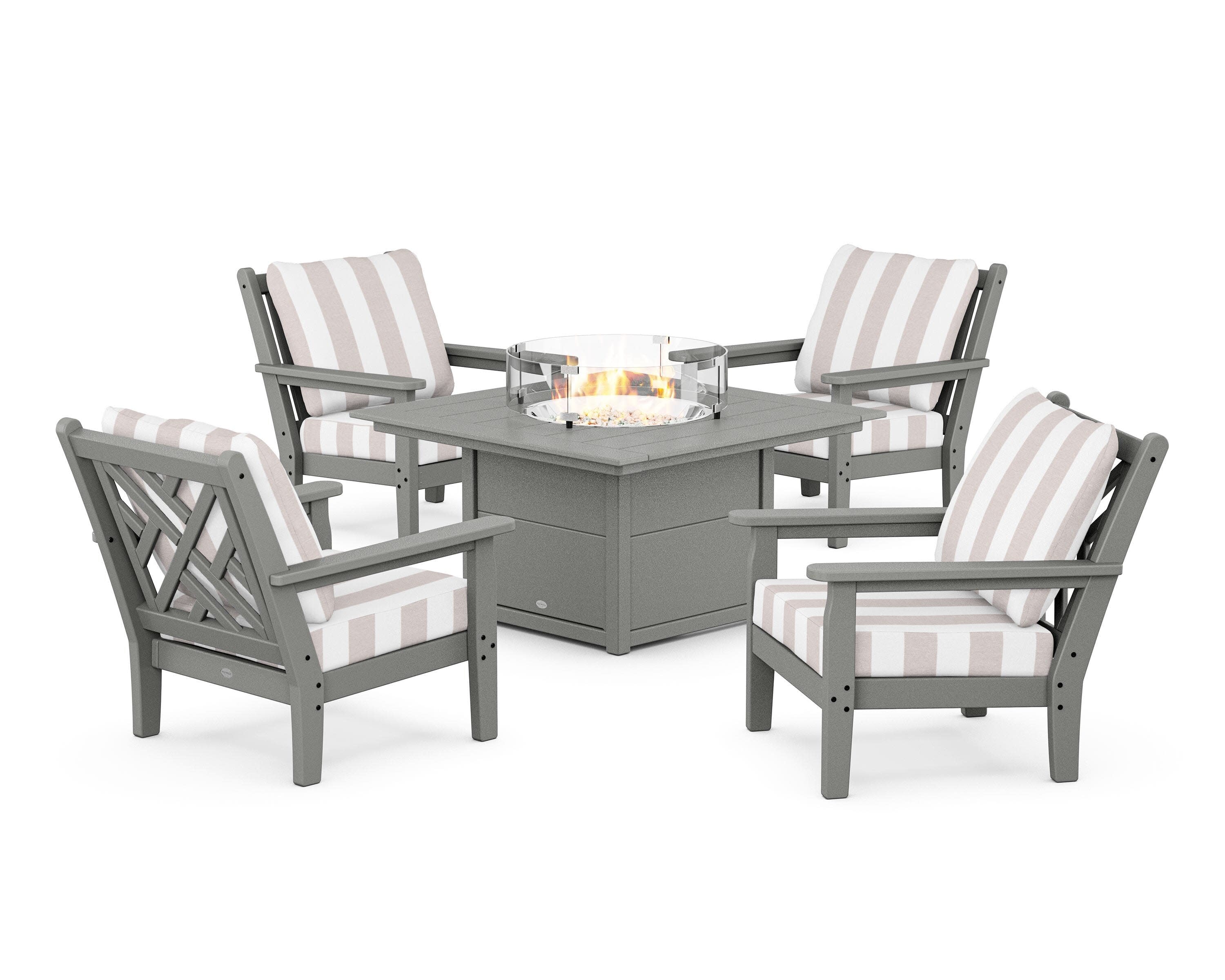 Chippendale 5-Piece Deep Seating Set with Fire Pit Table in Slate Grey / Cabana Stripe Dune Burlap