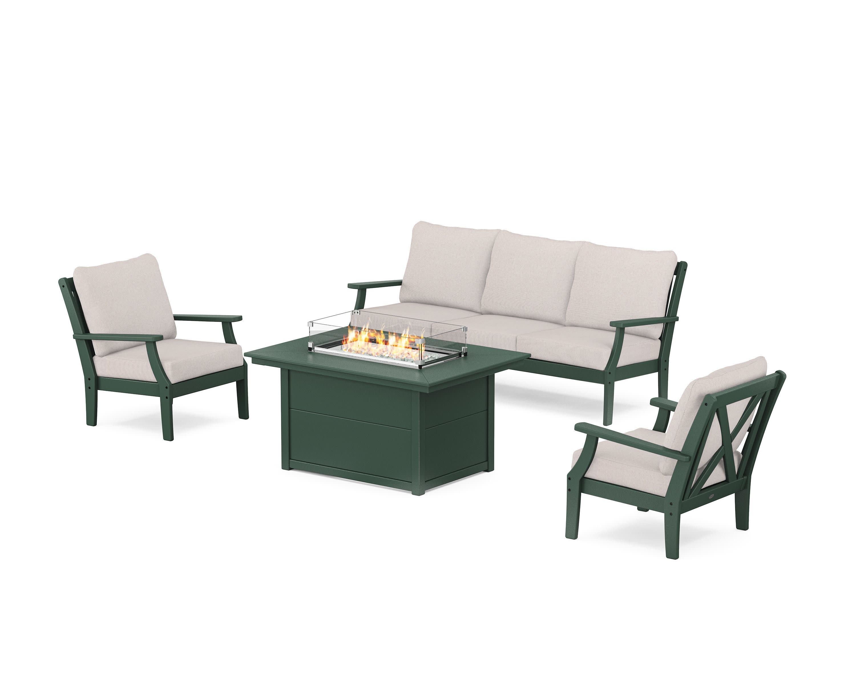 Braxton Deep Seating Fire Pit Table Set in Green / Dune Burlap