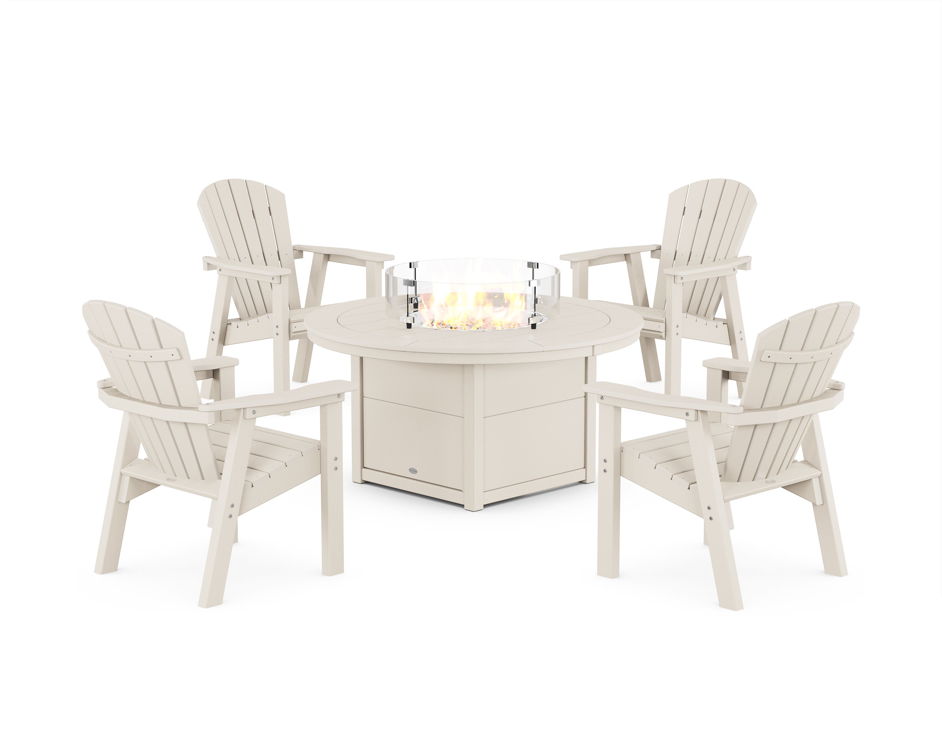 Seashell 4-Piece Upright Adirondack Conversation Set with Fire Pit Table in Sand
