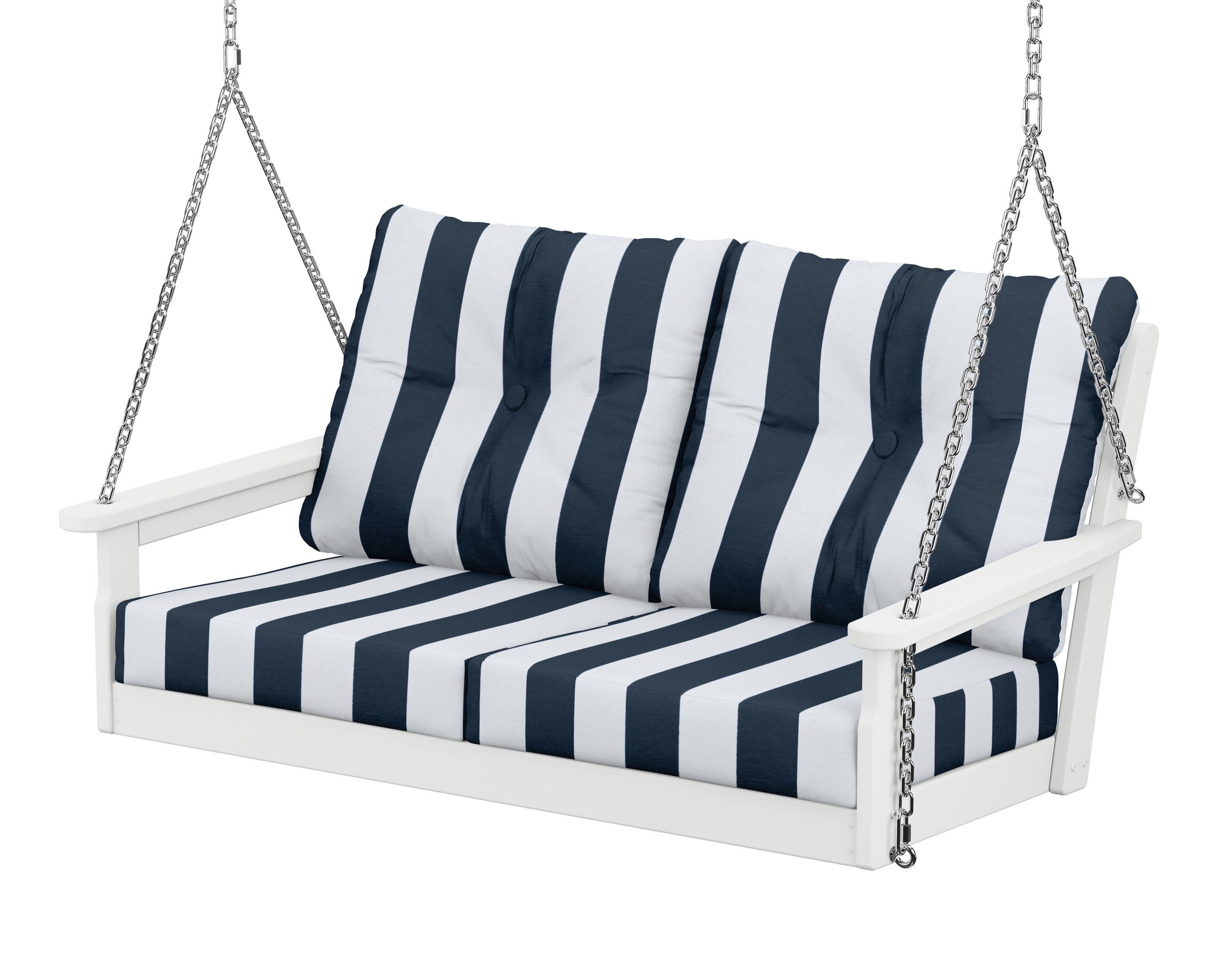 Vineyard Deep Seating Swing in White / Cabana Stripe Marine Indigo