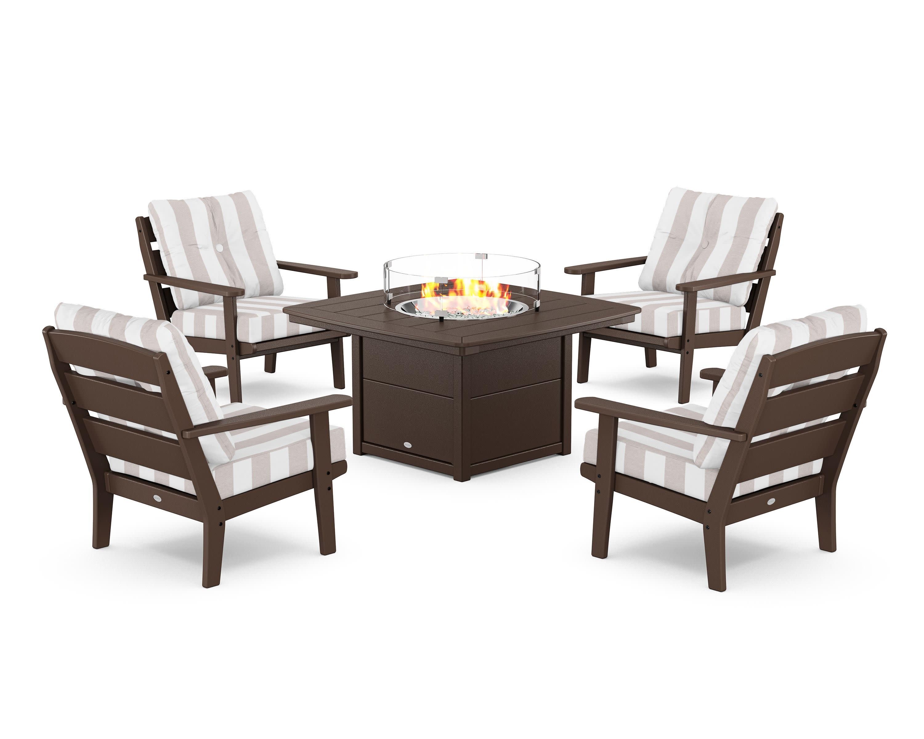 Lakeside 5-Piece Deep Seating Set with Nautical Fire Pit Table in Mahogany / Cabana Stripe Dune Burlap
