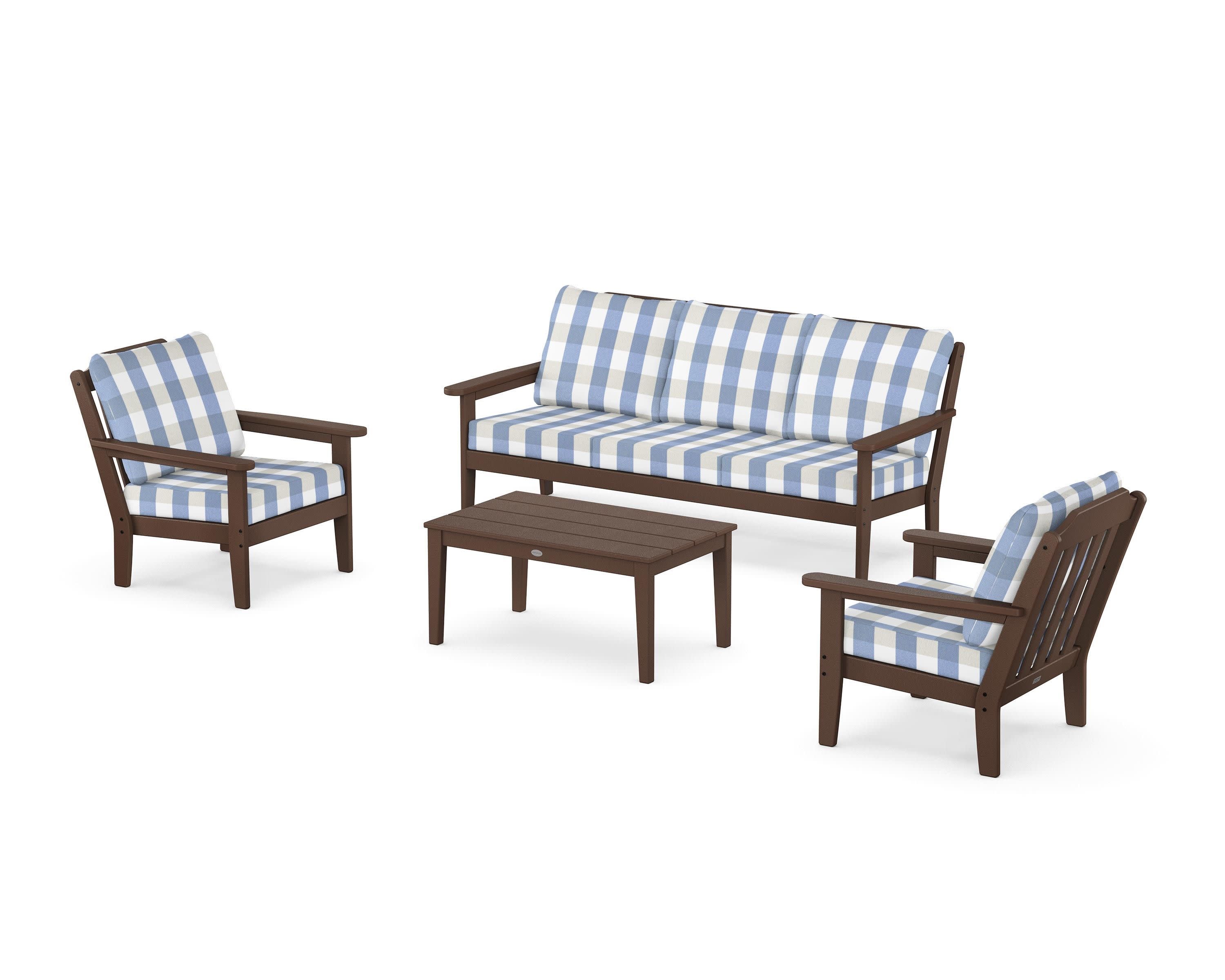 Cottage 4-Piece Deep Seating Set with Sofa in Mahogany / Buffalo Plaid Sky Blue