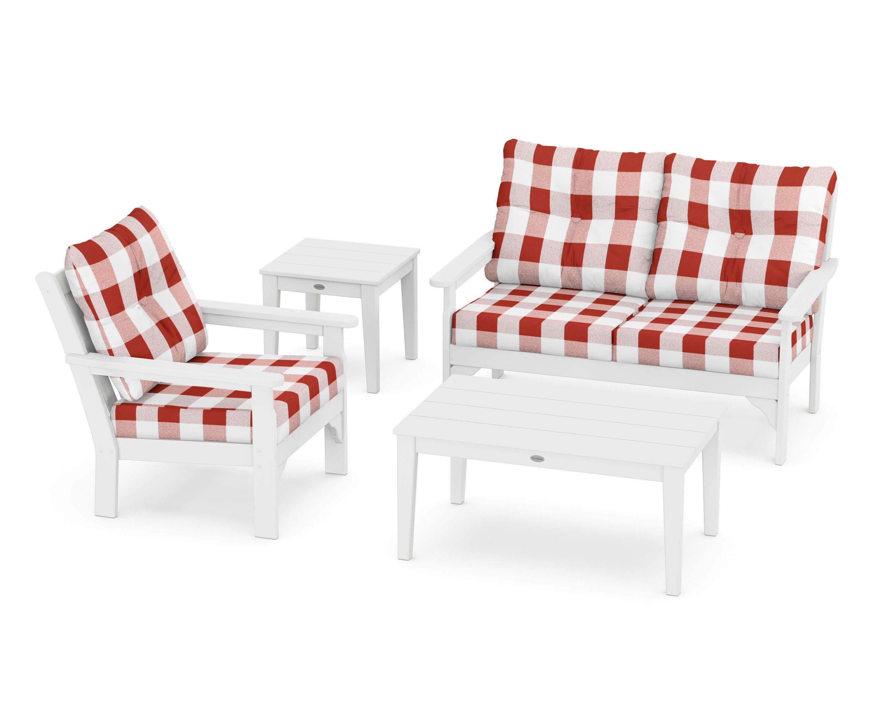 Vineyard 4-Piece Deep Seating Set in White / Buffalo Plaid Crimson