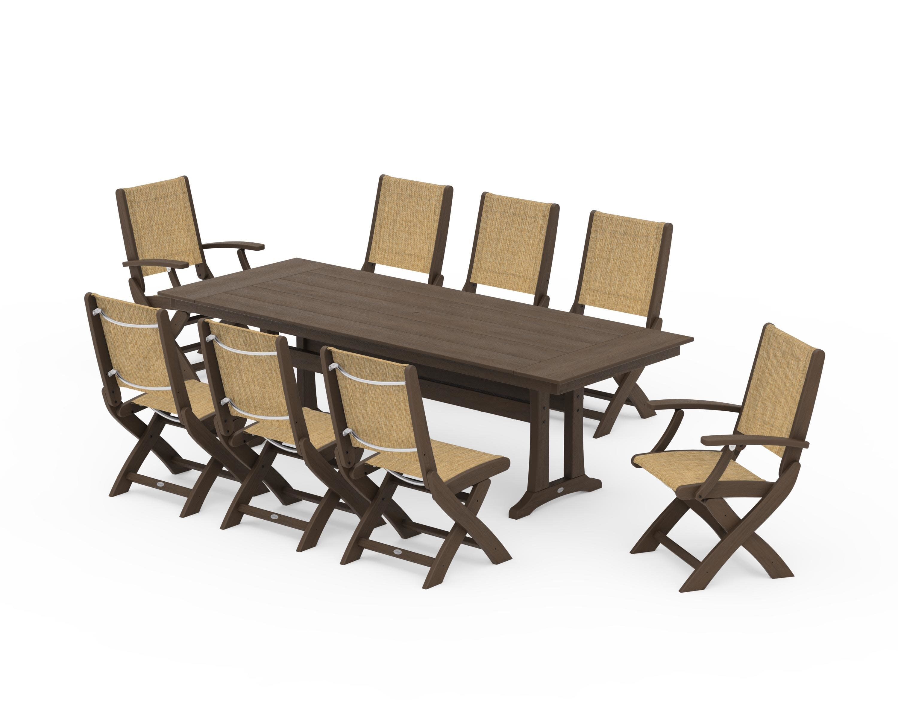 Coastal 9-Piece Folding Dining Chair Farmhouse Dining Set with Trestle Legs in Kona / Burlap Sling