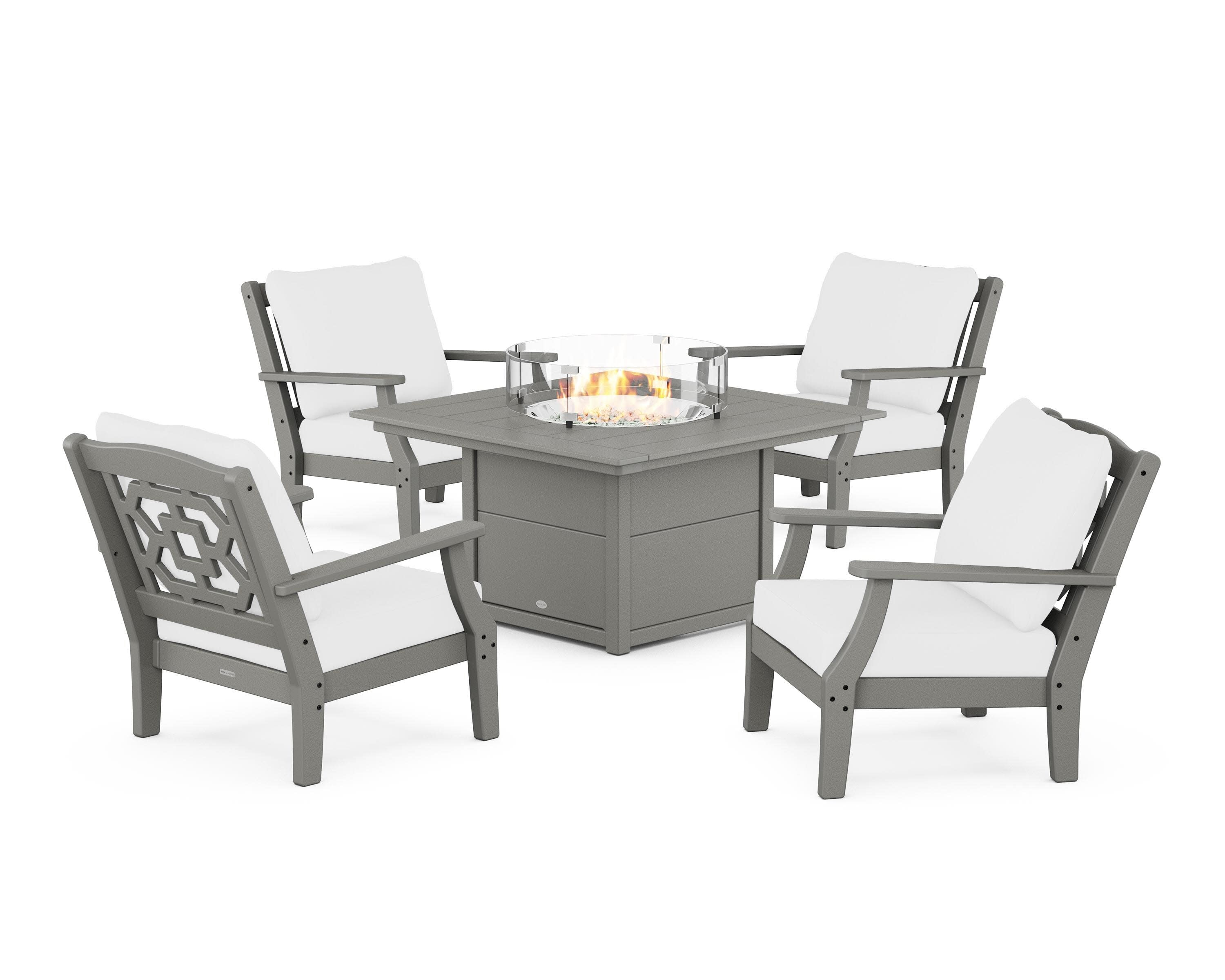 Chinoiserie 5-Piece Deep Seating Set with Fire Pit Table in Slate Grey / Natural