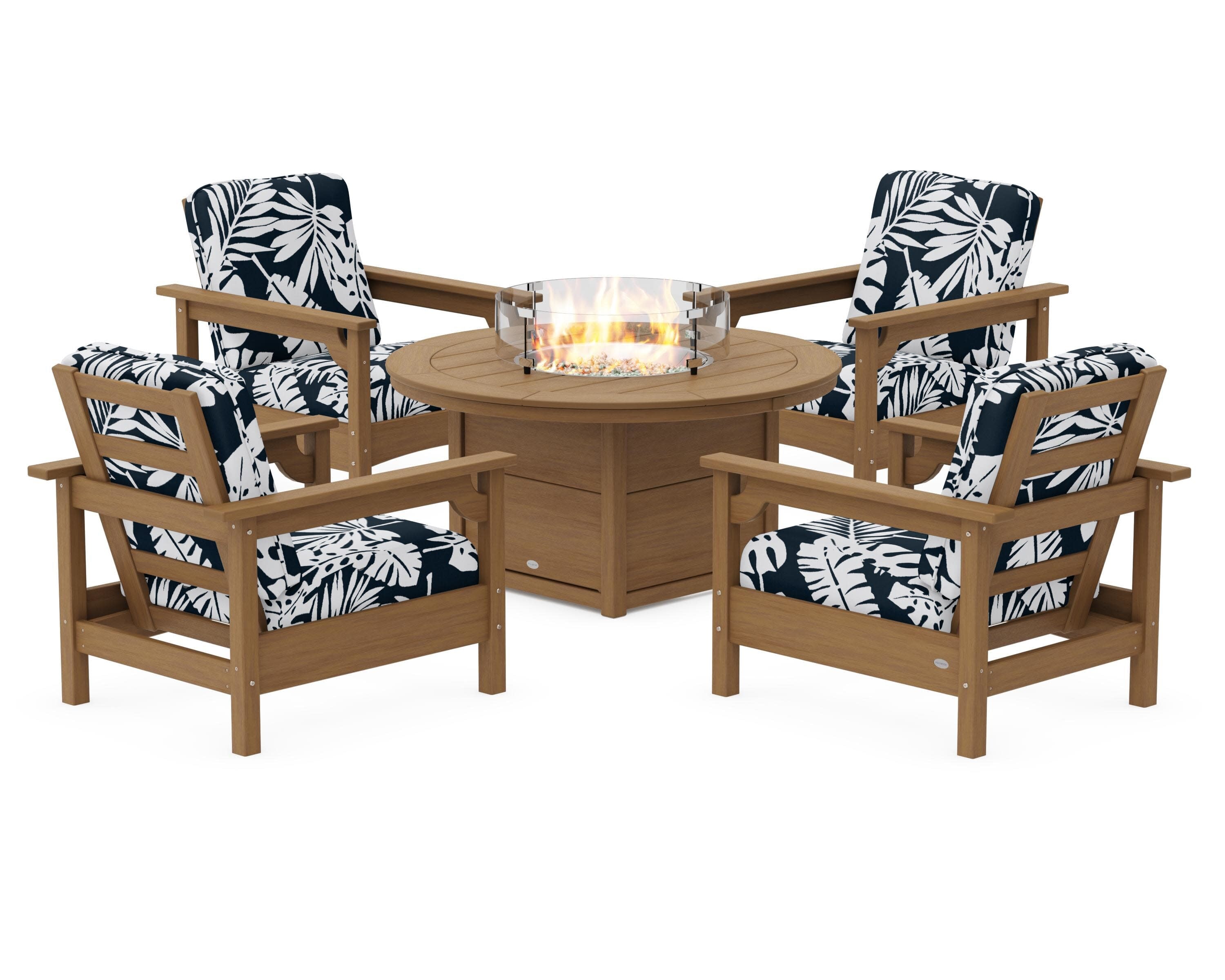 Club 5-Piece Conversation Set with Fire Pit Table in Natural / Leaf Marine Indigo