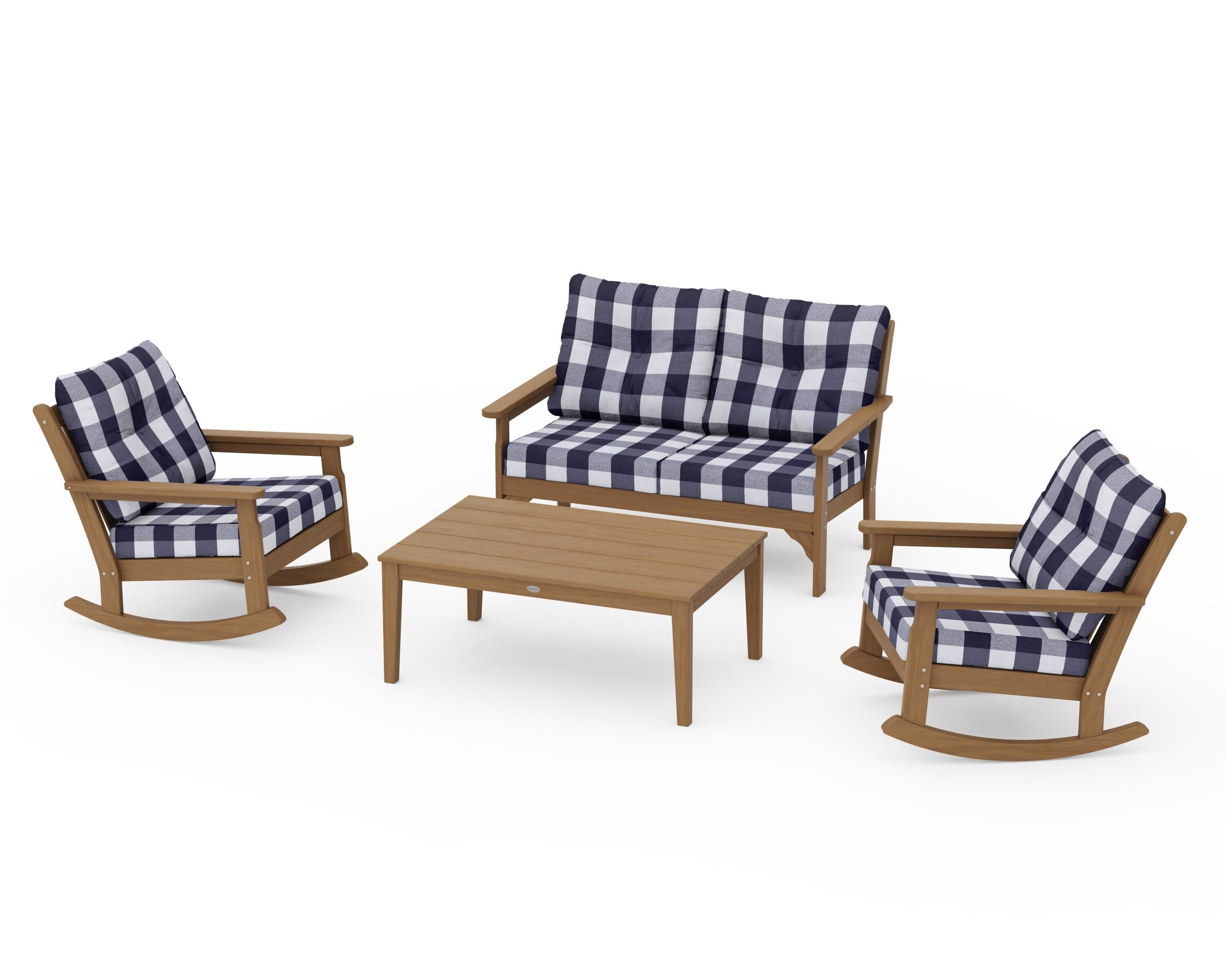 Vineyard 4-Piece Deep Seating Rocking Chair Set in Natural / Buffalo Plaid Navy