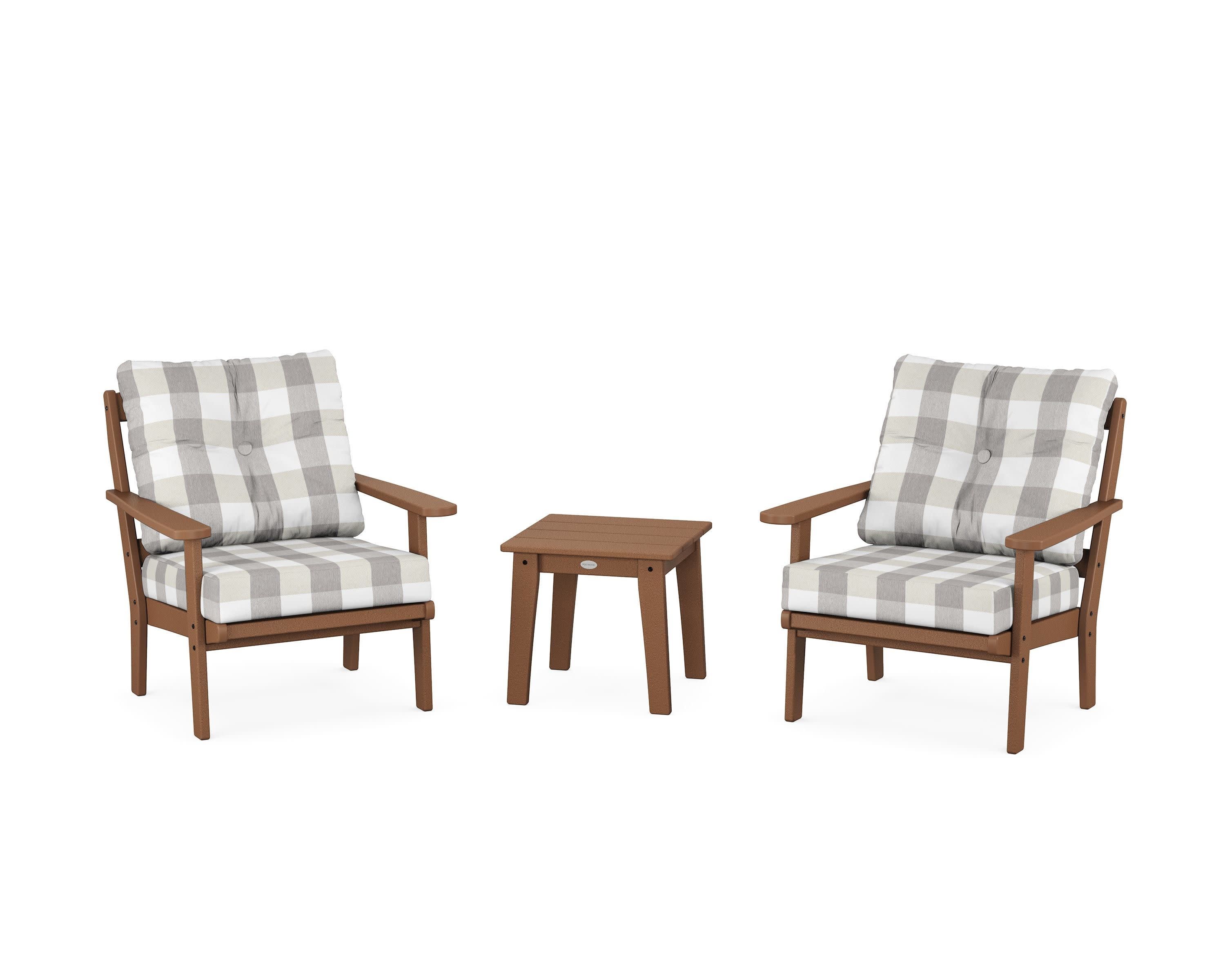 Mission 3-Piece Deep Seating Set in Teak / Buffalo Plaid Grey Mist
