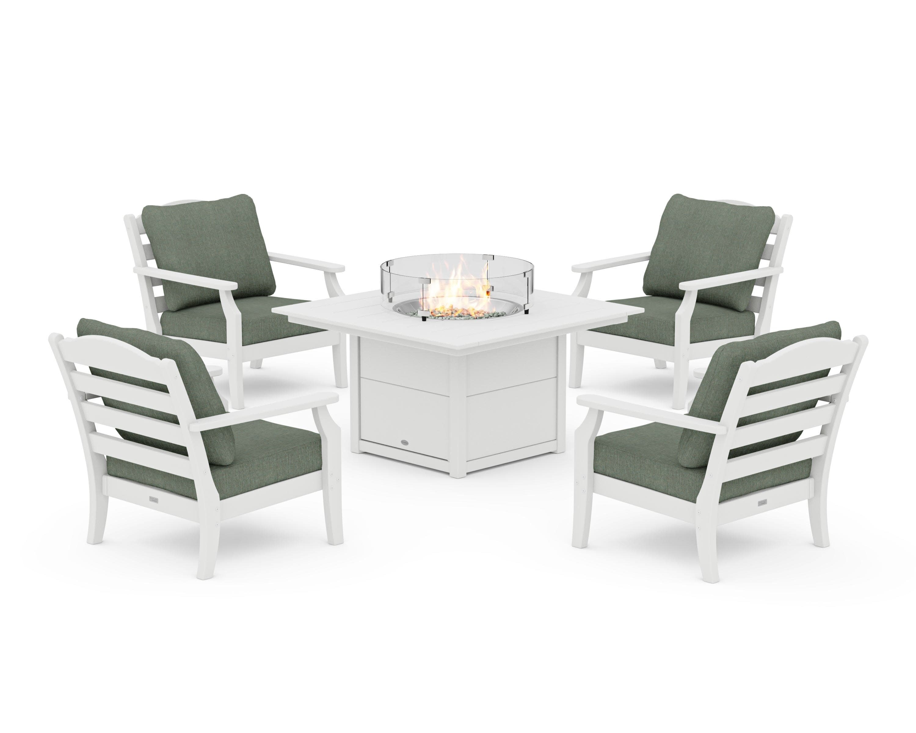 Savannah 5-Piece Deep Seating Set with Fire Pit Table in White / Cast Sage