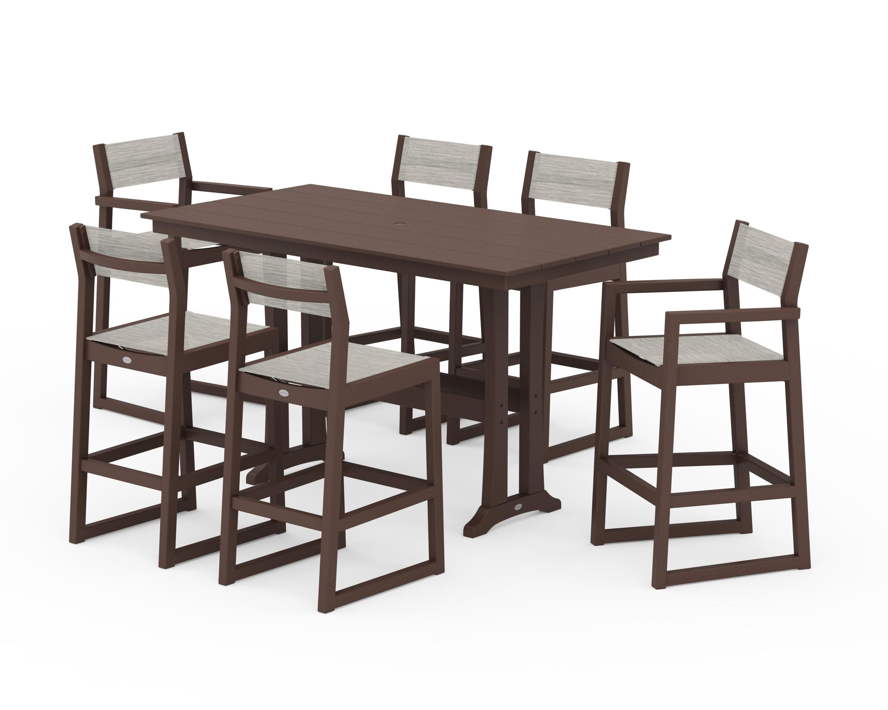 EDGE Sling 7-Piece Farmhouse Bar Set with Trestle Legs in Mahogany / Birch Sling