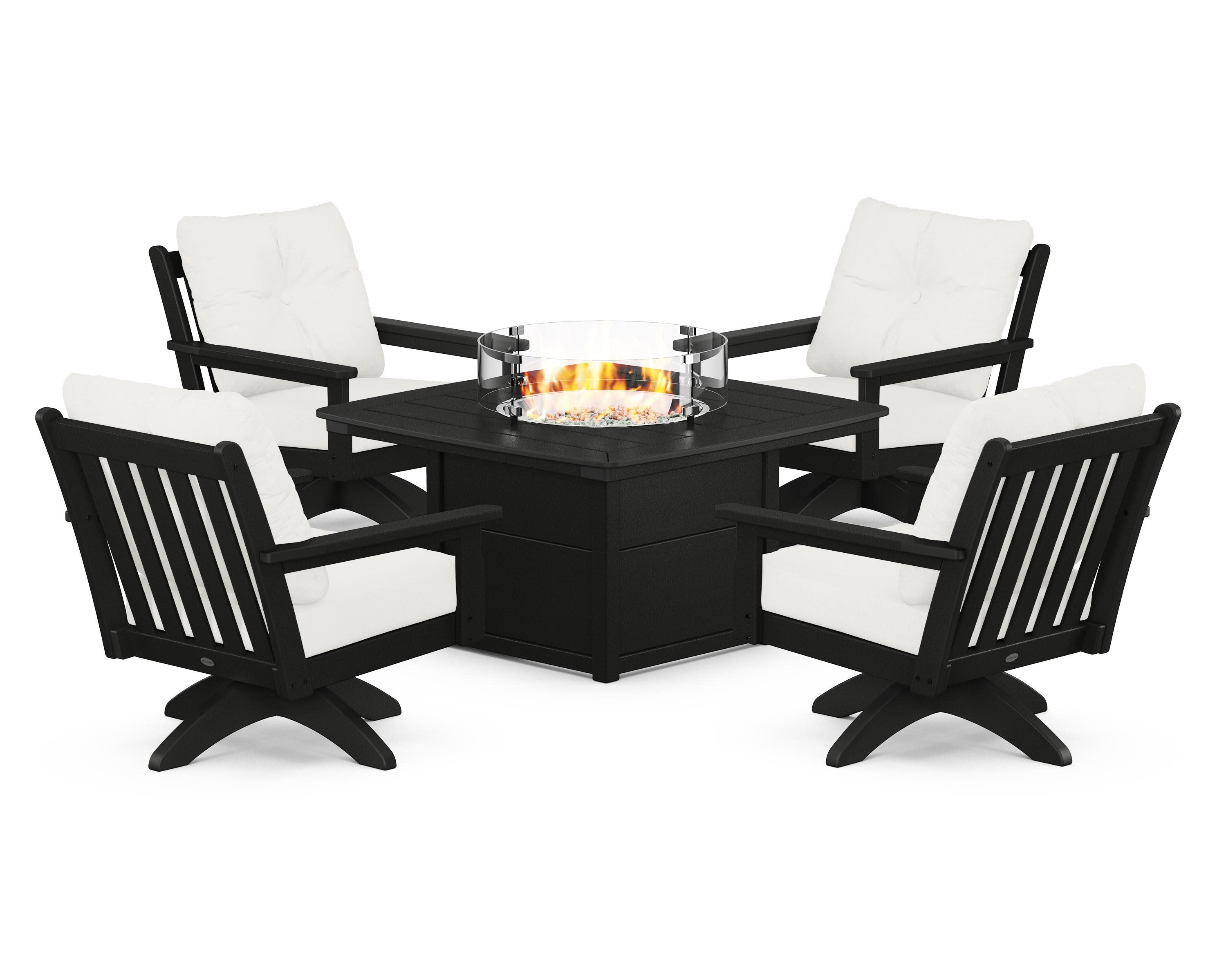 Vineyard 5-Piece Deep Seating Swivel Conversation Set with Fire Pit Table in Black / Natural Linen