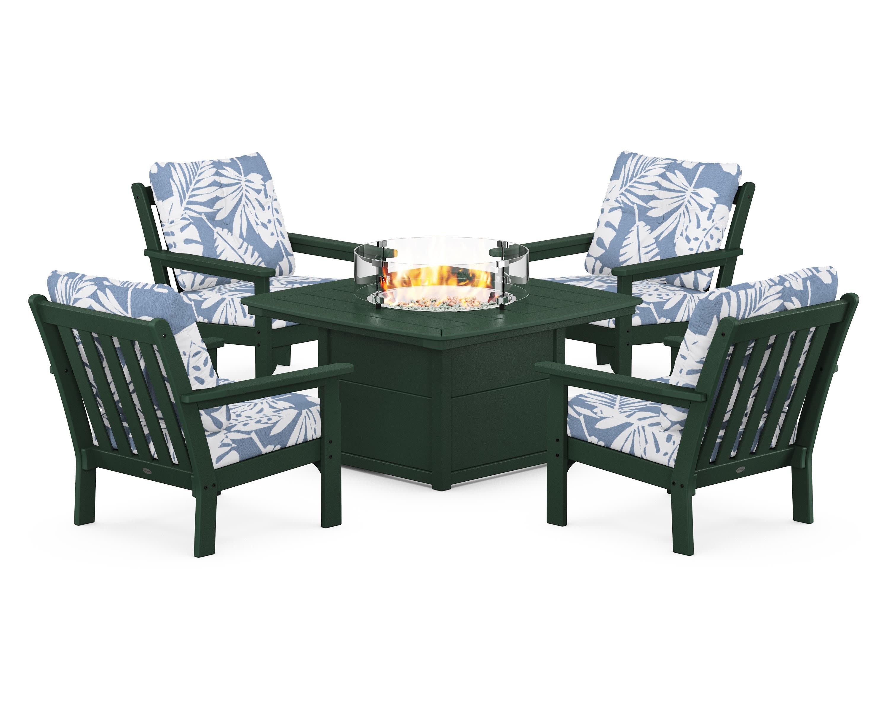 Vineyard 5-Piece Conversation Set with Fire Pit Table in Green / Leaf Sky Blue