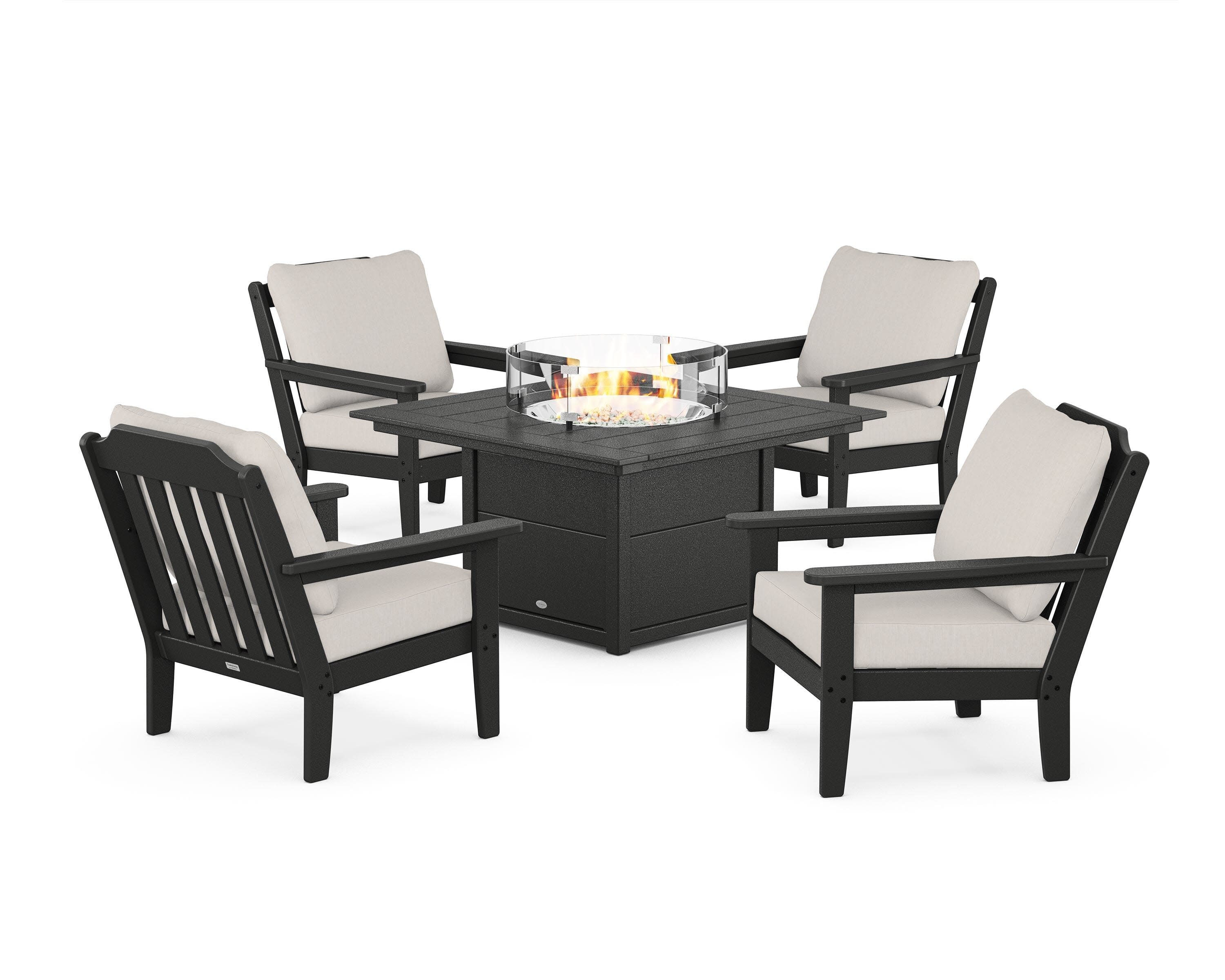 Cottage 5-Piece Deep Seating Set with Fire Pit Table in Black / Cast Ash