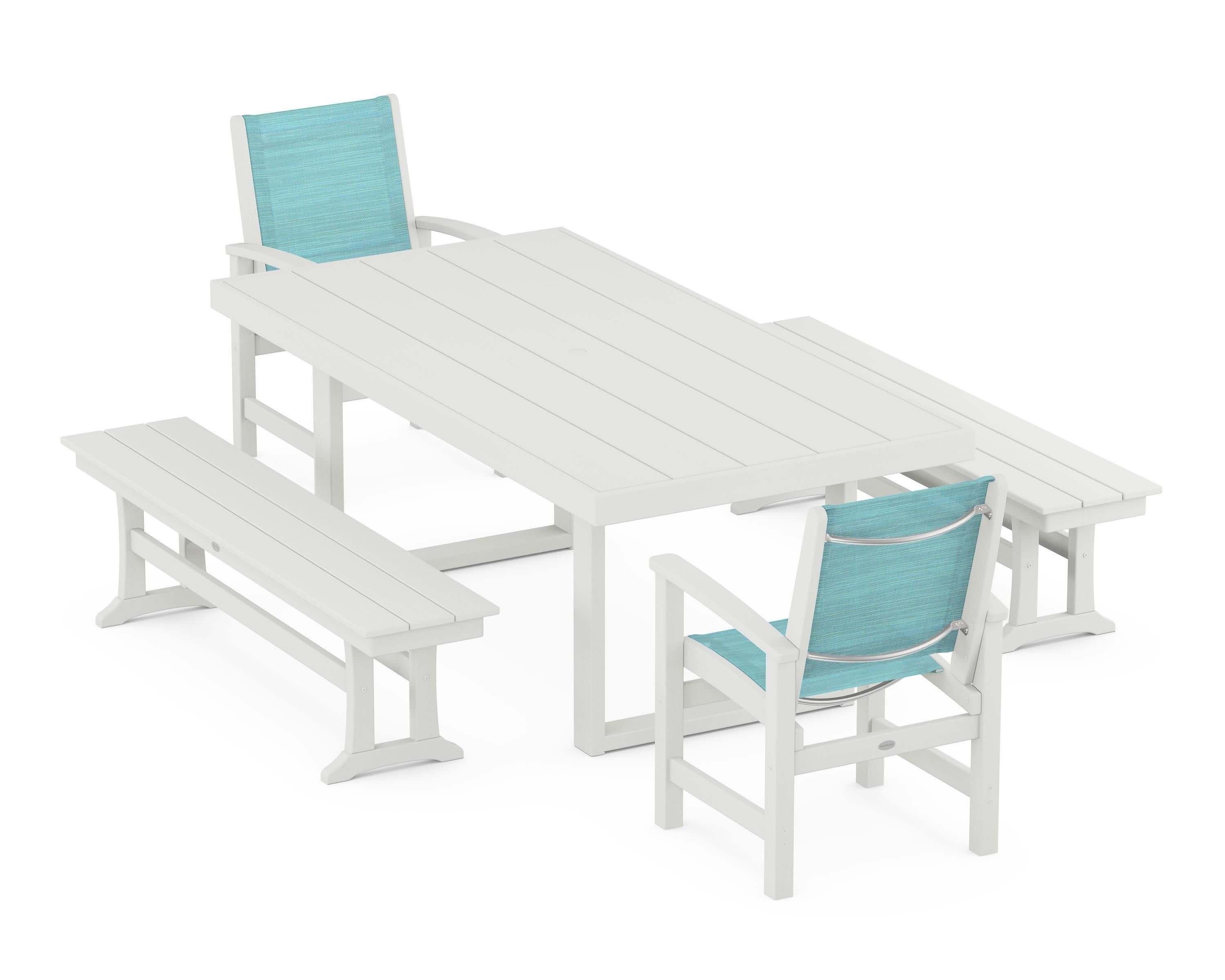 Coastal 5-Piece Dining Set with Trestle Legs in Vintage White / Dupioni Aquamarine Sling