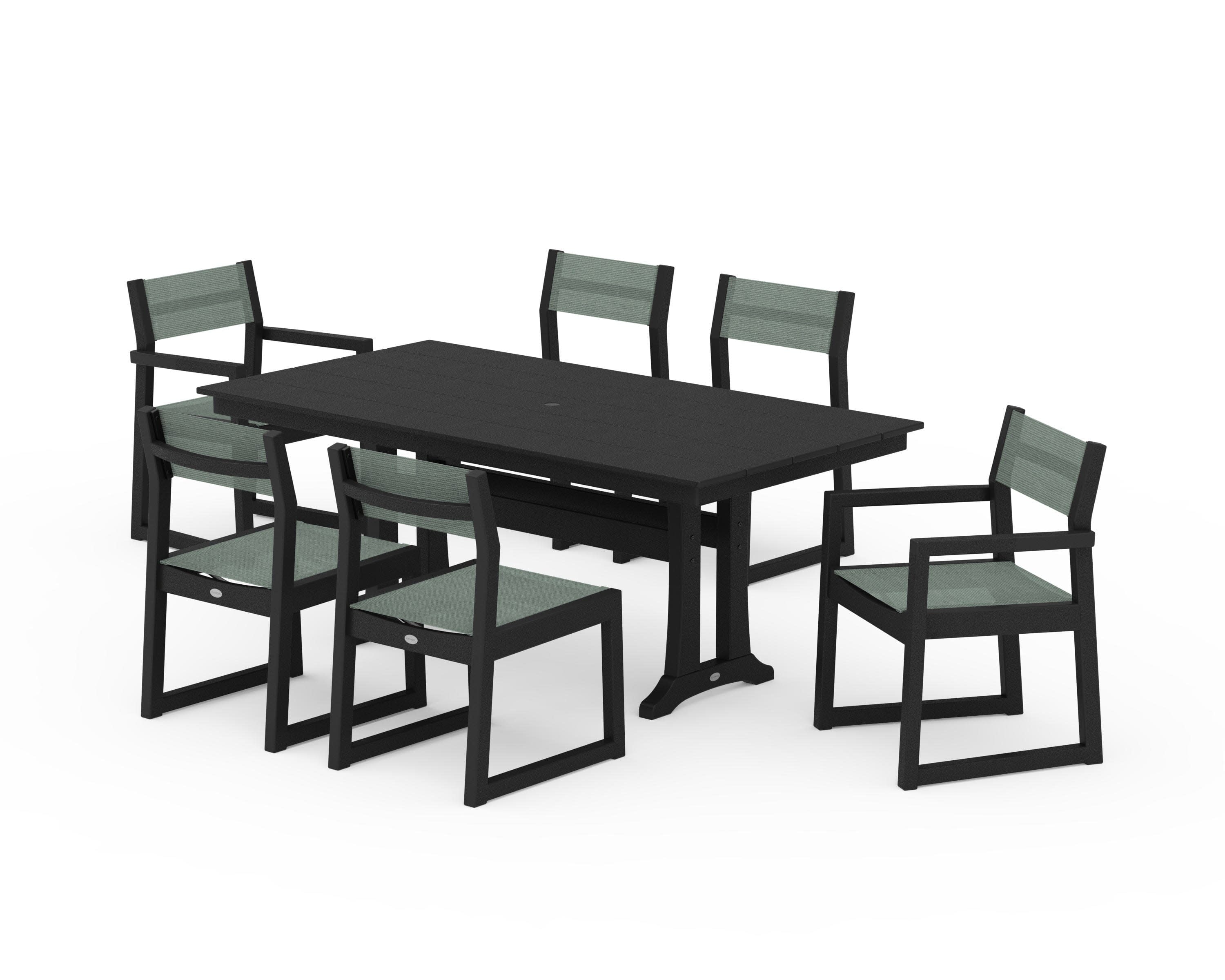 EDGE Sling 7-Piece Farmhouse Trestle Dining Set in Black / Dupioni Sea Mist Sling