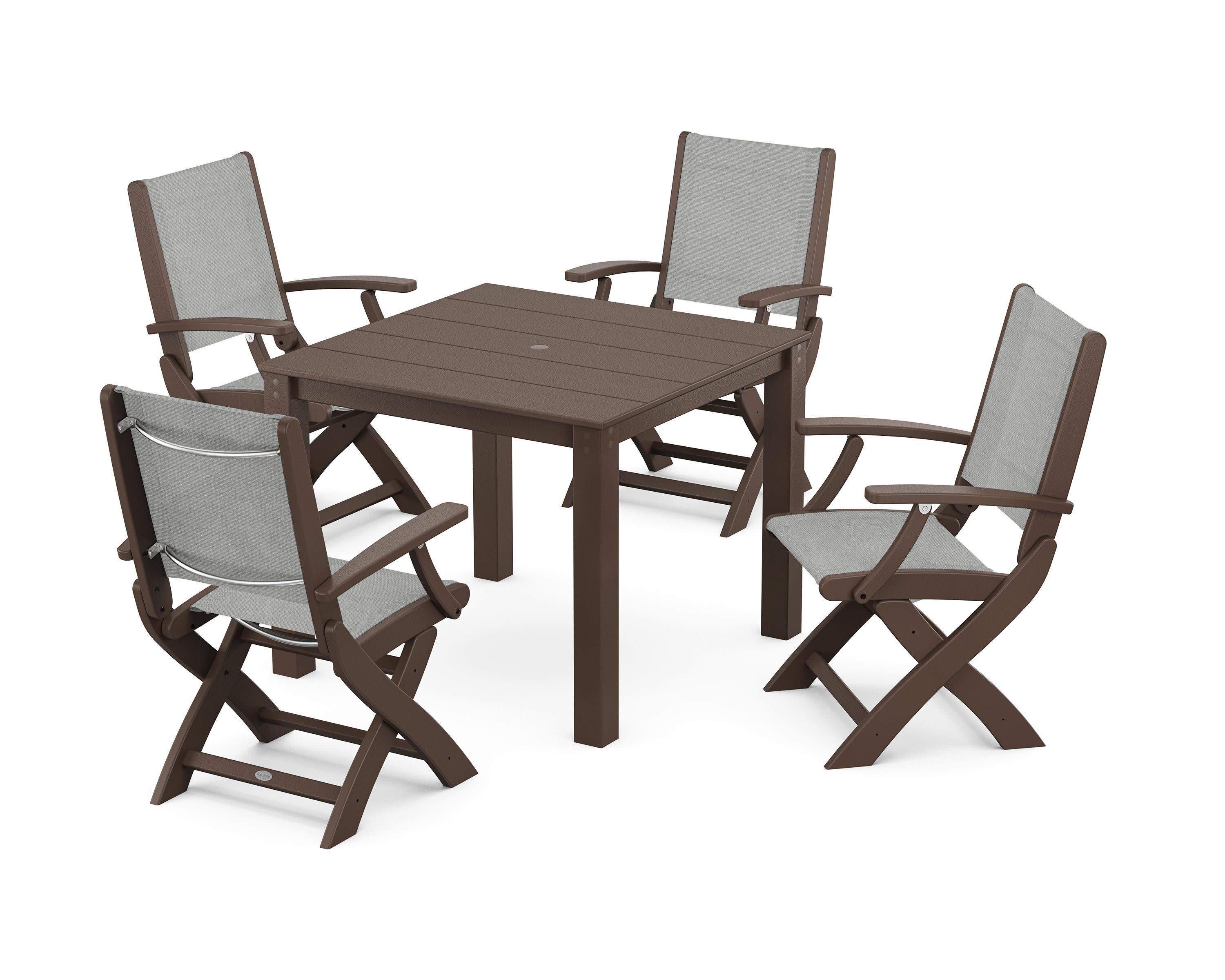 Coastal Folding Chair 5-Piece Parsons Dining Set in Mahogany / Metallic Sling