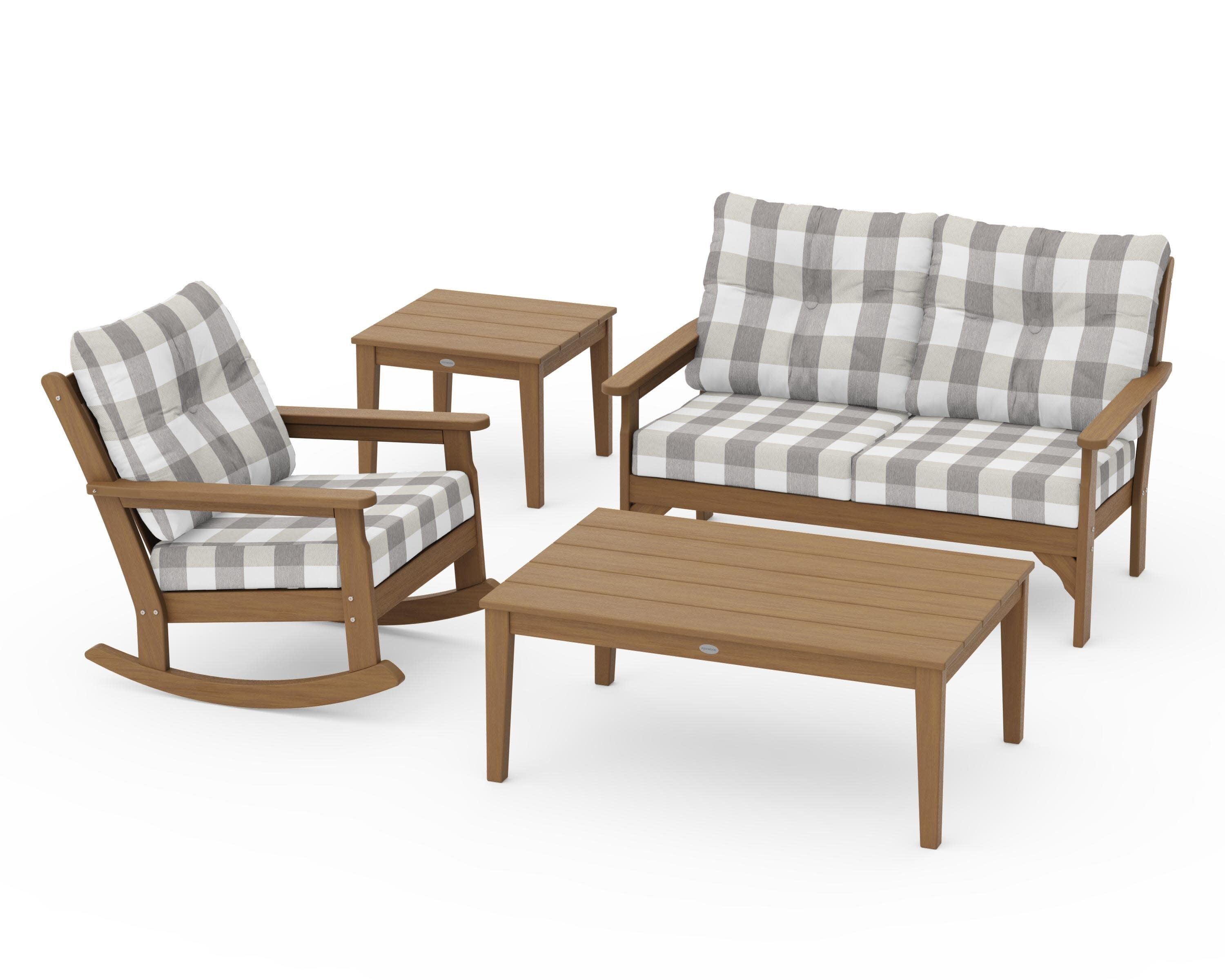 Vineyard 4-Piece Deep Seating Rocker Set in Natural / Buffalo Plaid Grey Mist