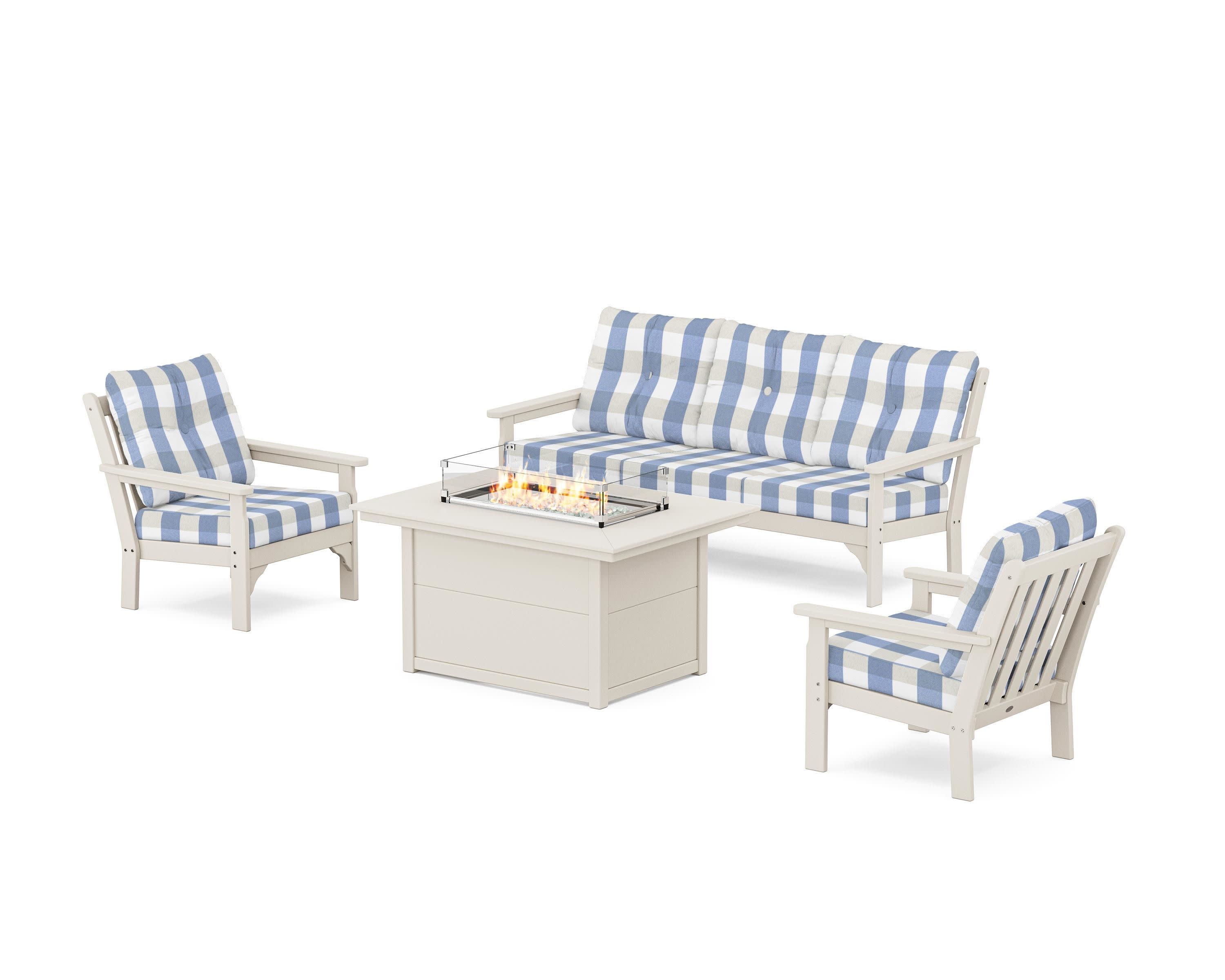 Vineyard Deep Seating Fire Pit Table Set in Sand / Buffalo Plaid Sky Blue