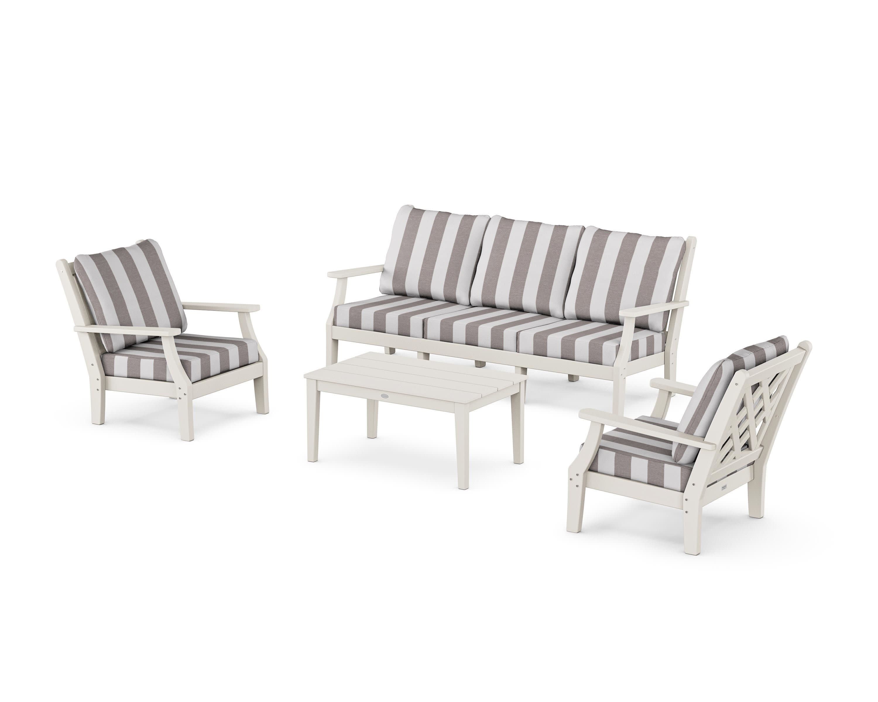 Wovendale 4-Piece Deep Seating Set with Sofa in Sand / Cabana Stripe Grey Mist