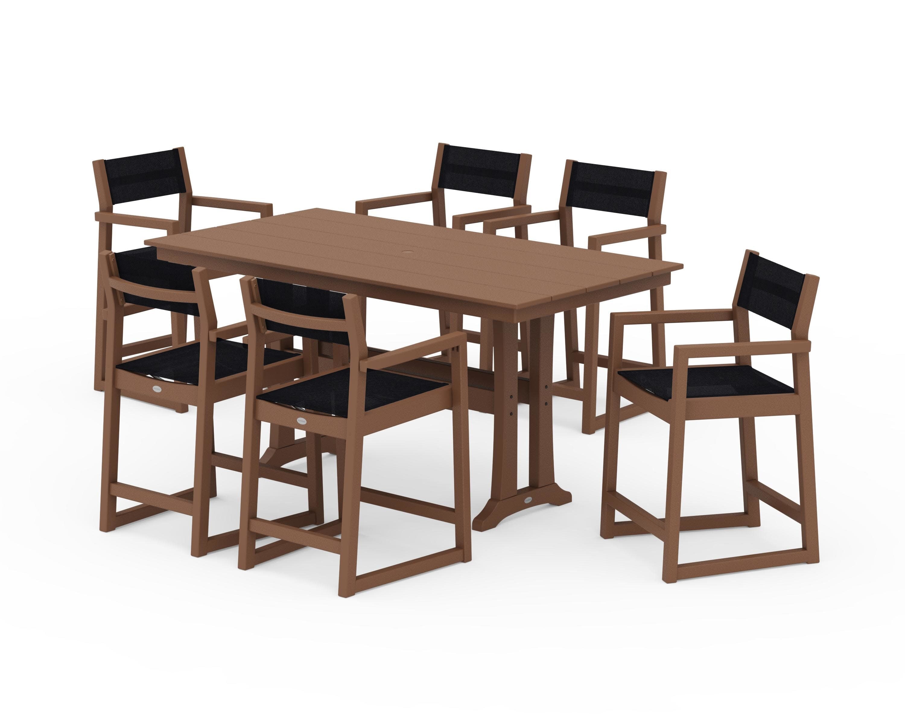 EDGE Sling Arm Chair 7-Piece Farmhouse Counter Set with Trestle Legs in Teak / Black Sling