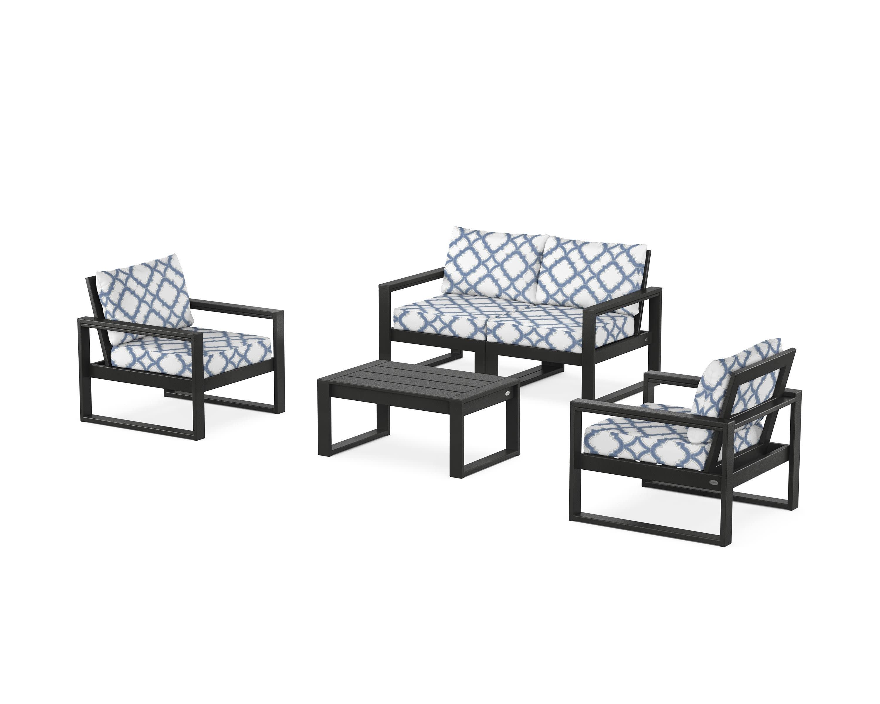 EDGE Sectional 4-Piece Deep Seating Set with Loveseat in Black / Trellis Sky Blue