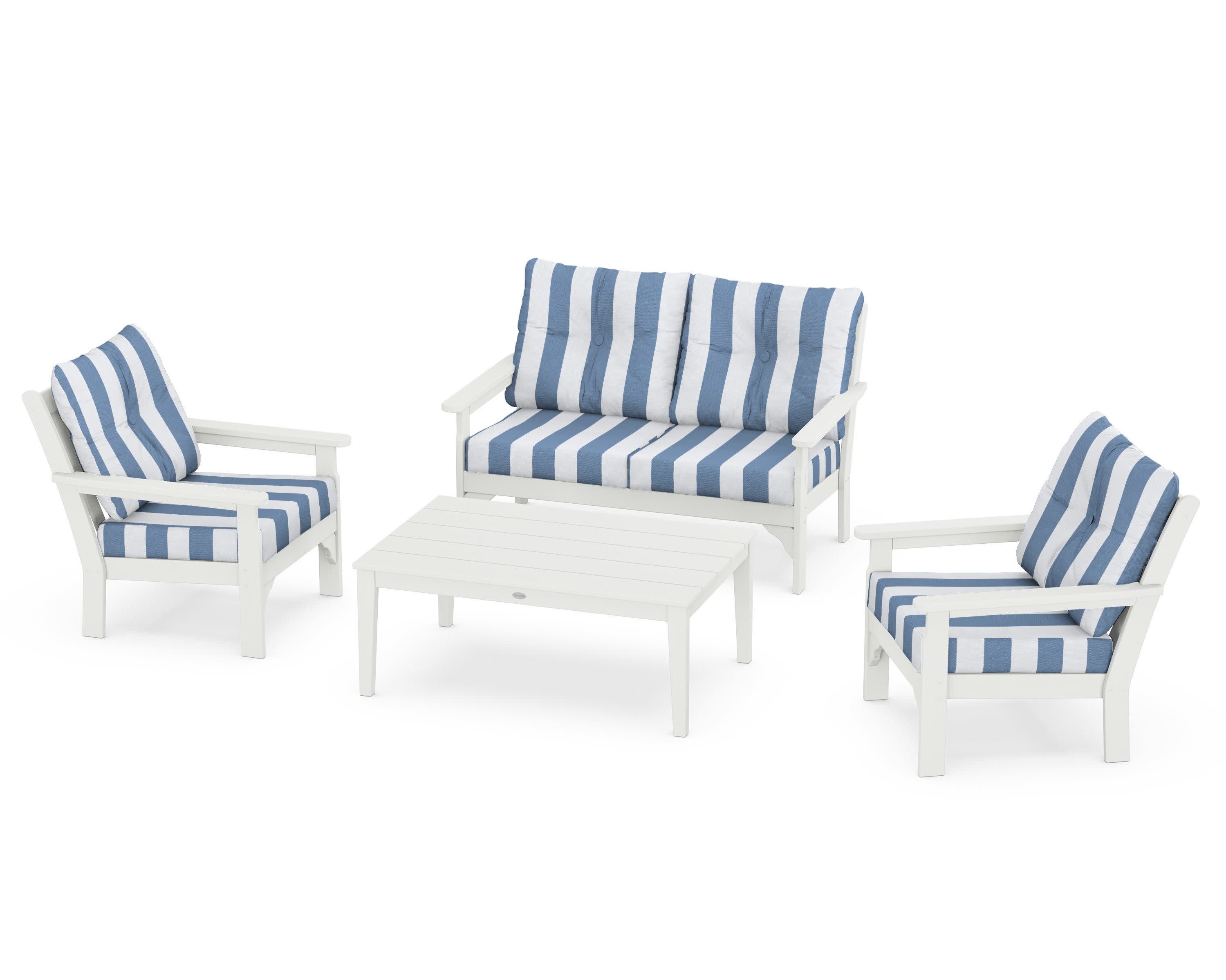 Vineyard 4-Piece Deep Seating Set in Vintage White / Cabana Stripe Sky Blue